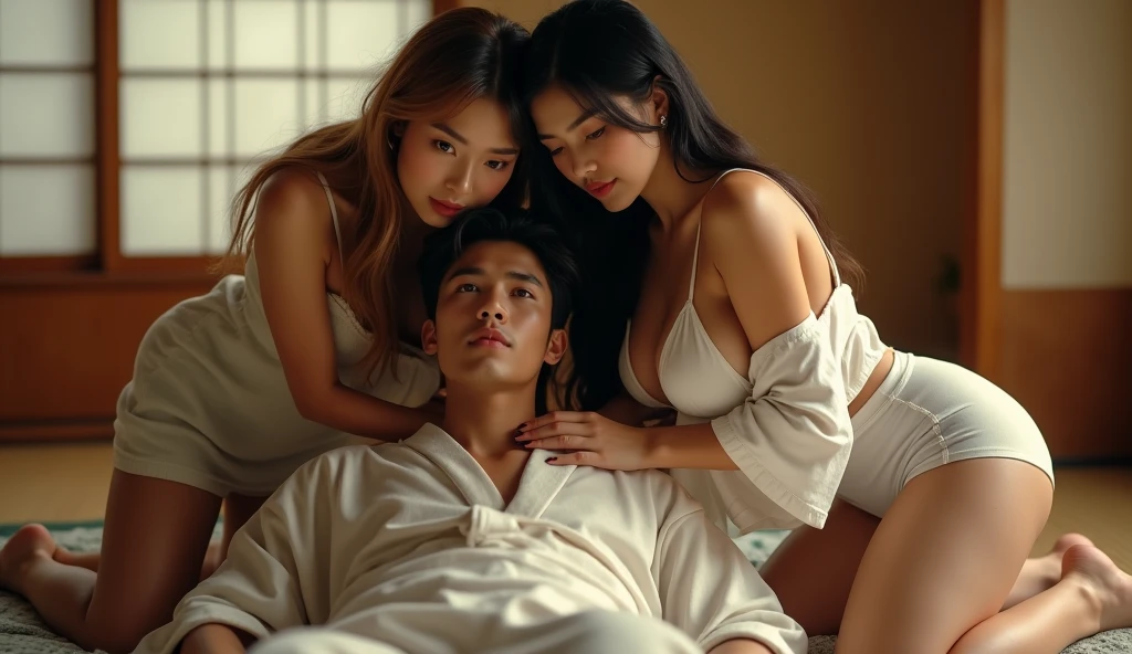 The man larger and taller and a women smaller. The women Asian with black straight hair. The man black curly hair with brown skin. The women siting on the man’s lap. Handsome and beautiful. The women is full naked