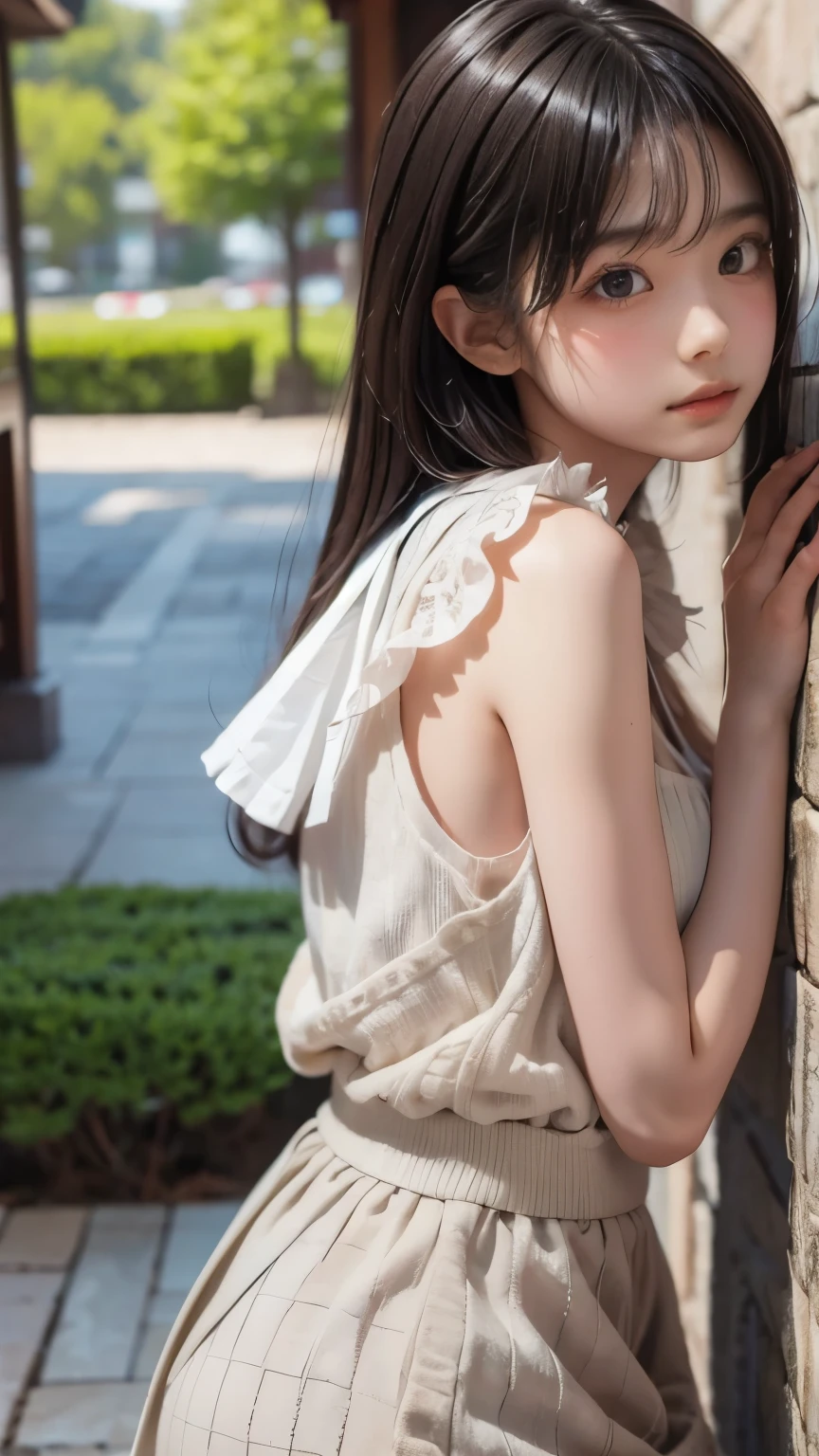 (8K、highest quality、master piece:1.2)、(real、フォトreal:1.37)、super detail、1 girl、(((17 year old Japanese girl)))、light brown hair、small breasts、thin waist、thick thighs、well-shaped butt、slim body、ponytail、(((tight blouse)))、(((sexy look)))、cleavage、necklace、seductive posture、chest squeeze、down blouse、leaning forward、garden、Tao、wood々、flower、distant city in the background、see the beholder、sultry look、