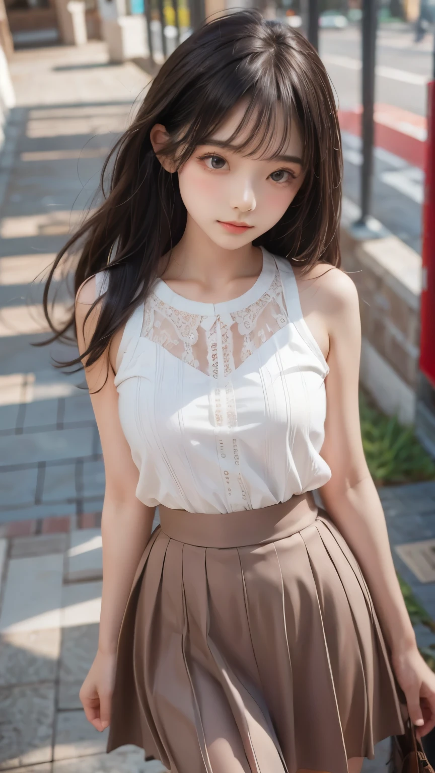 ((sfw: 1.4)),((detailed face, professional photography)), ((sfw, lace queen, grid girl, skirt, sleeveless, 1 Girl)), Ultra High Resolution, (Realistic: 1.4), RAW Photo, Best Quality, (Photorealistic Stick), Focus, Soft Light, (( (young face))), (surface), (depth of field), masterpiece, (realistic), woman, bangs, ((1 girl))