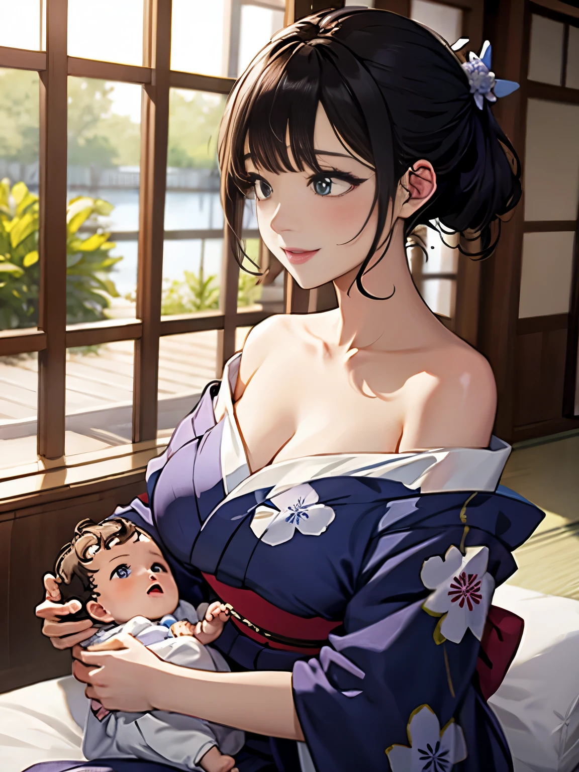 1 mother breastfeeding her ，Wearing a yukata，Off-shoulder