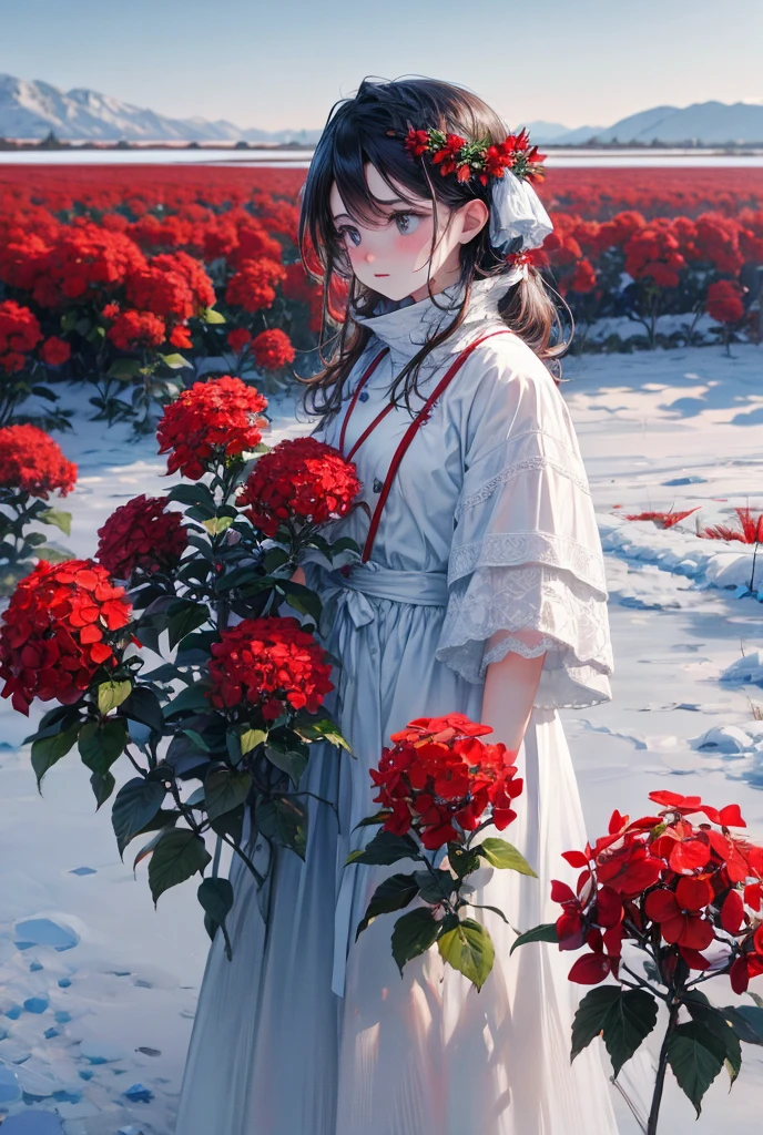 Red flowers among the snowy plains, girl
