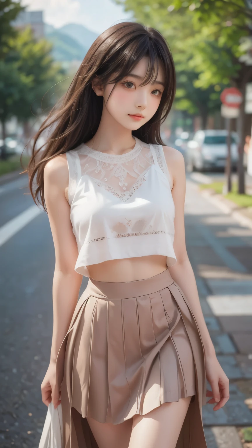 ((sfw: 1.4)),((detailed face, professional photography)), ((sfw, lace queen, grid girl, skirt, sleeveless, 1 Girl)), Ultra High Resolution, (Realistic: 1.4), RAW Photo, Best Quality, (Photorealistic Stick), Focus, Soft Light,  (( (young face))), (surface), (depth of field), masterpiece, (realistic), woman, bangs, ((1 girl))