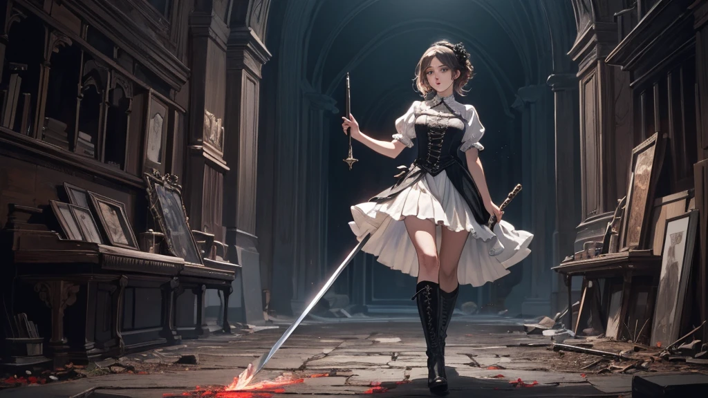  ((best quality)), ((masterpiece)), (detailed), 1girl, adult, perfect anatomy, thick thighs, detailed eyes, detailed face, beautiful face, red and white clothing, Bloodborne inspired, occult aesthetic, occult, detailed and intricate steampunk and detailed gothic, Very dramatic and cinematic lighting, cosmic horror, grim-dark, side-lighting, perfect face, Fluttering lace flared long knee length dress with frilly petticoats, knee length dress, pleated petticoats, complex lace boots, side-lighting, wielding a mighty sword with mechanical components, carbine, full body, whole body, head-to-toe, SFW, 