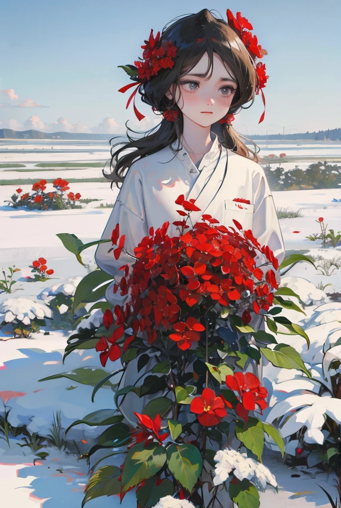 Red flowers among the snowy plains, girl
