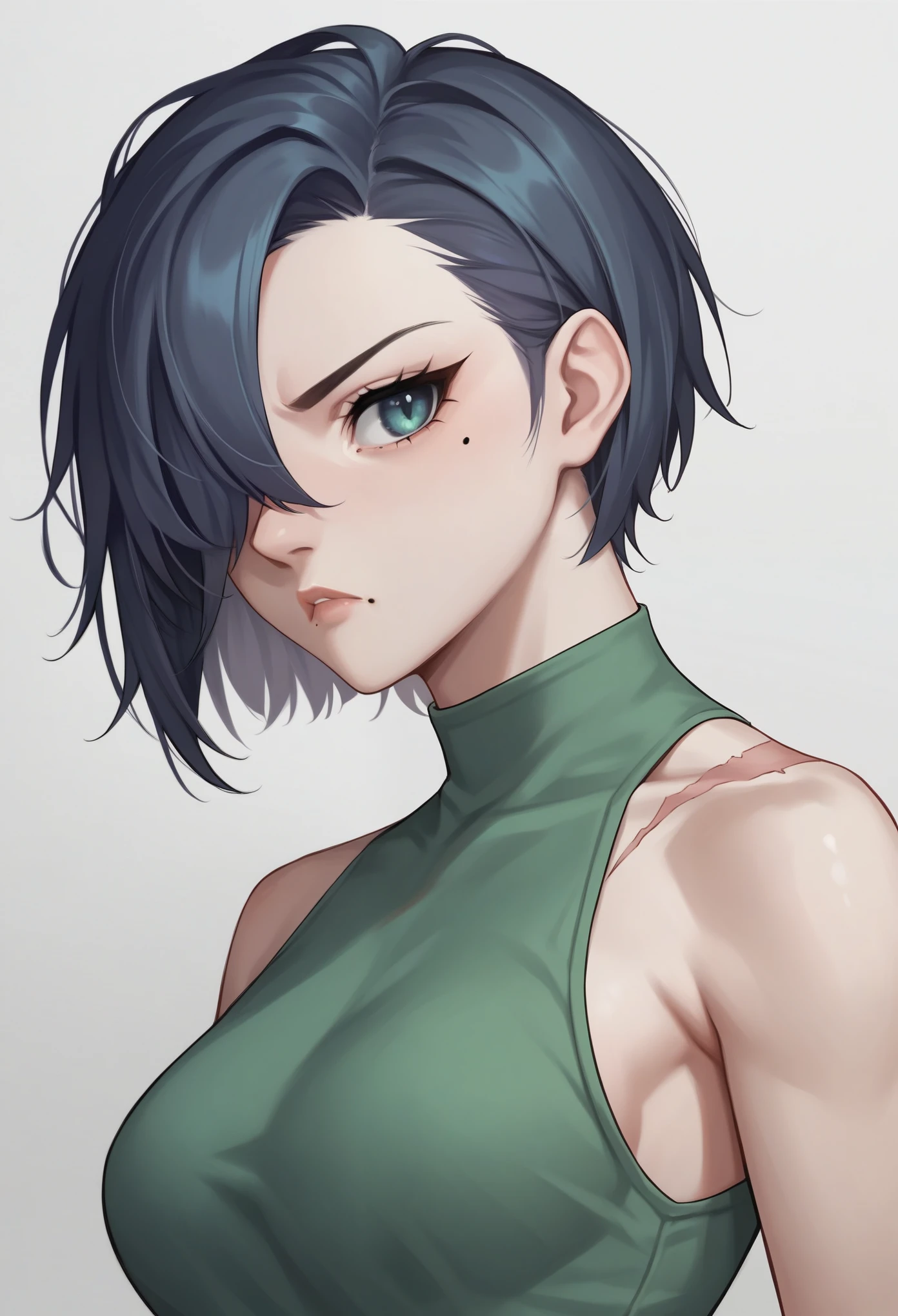 score_9, score_8_up, score_7_up, score_6_up, score_5_up, score_4_up, source_cartoon, rating_safe, by dayo34, 1girl, pale skin, beauty mark under one eye, pout, large eyelashes, green shirt, medium breasts, portrait, torso shot, bob cut, shoulder lenght hair, slicked back from the right side, hair over left eye. dull indigo eyes, scar over right eye
