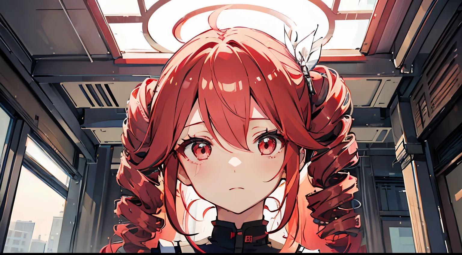 cute、One Girl、Best Quality、Dense lines、Delicately expressing every single hair((masterpiece))、Tet、KasaneTeto、Twin Drill Hair、Sad expression、evening、Redhead、Neat grey neat clothes,、Drill-like red curls、Red eyes、School rooftop、Looking up at the sky