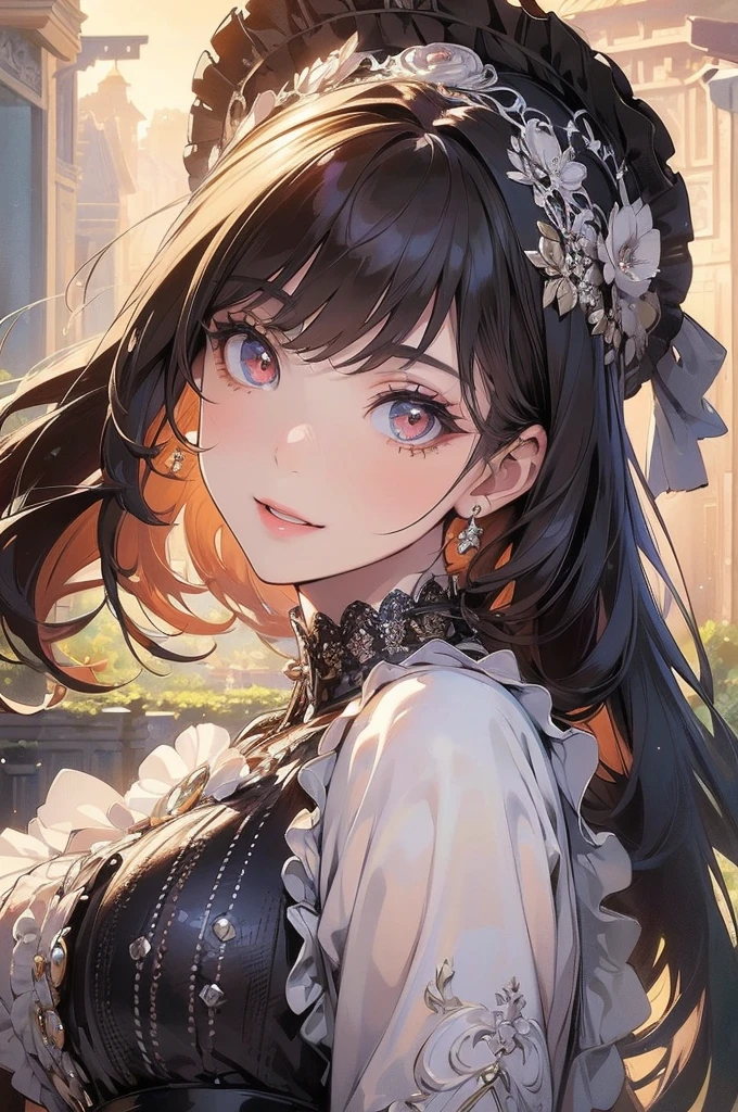 ((best quality)), ((masterpiece)), (detailed), (4k), (8K), 1girl, beautiful woman, beautiful face, glowing skin and face, fringe, make-up, aesthetic hands, aesthetically large eyes, smiling, elegant lolita dress, beautiful landscape, three-quarter body. (highly detailed textures), (highly detailed clothes), (highly detailed cute face). Artistic anime style.