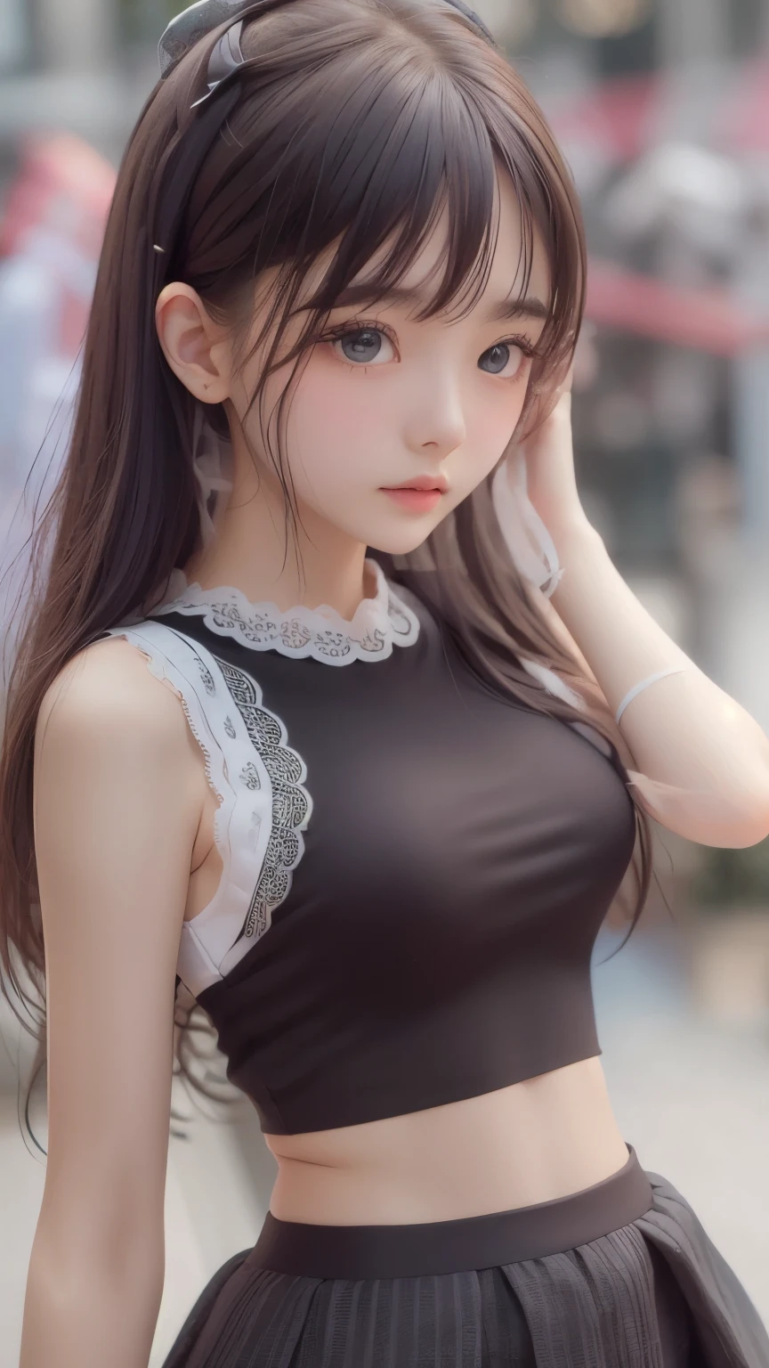 ((sfw: 1.4)),((detailed face, professional photography)), ((sfw, lace queen, grid girl, skirt, sleeveless, 1 Girl)), Ultra High Resolution, (Realistic: 1.4), RAW Photo, Best Quality, (Photorealistic Stick), Focus, Soft Light,  (( (young face))), (surface), (depth of field), masterpiece, (realistic), woman, bangs, ((1 girl))