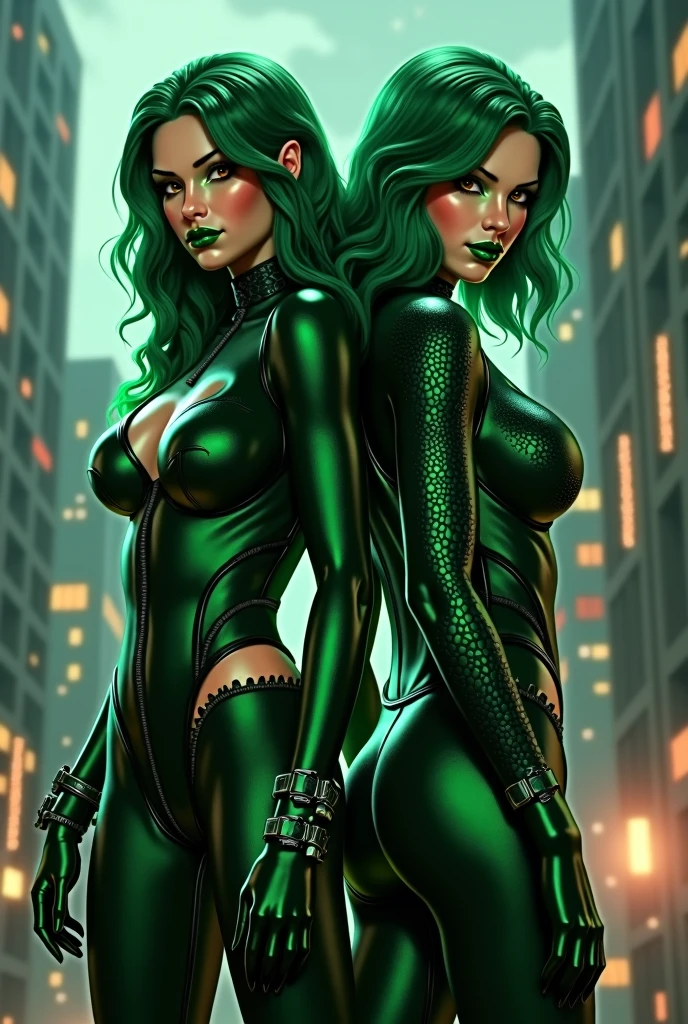 two women in black and green costumes posing for a picture, kim possible, green and black, black and green, amouranth as a super villain, full-cosplay, professional cosplay, cosplay, artgerm and lois van baarle, cosplay on black harley queen, glamourous cosplay, with ivy, green and black colors, möbius and æon flux
