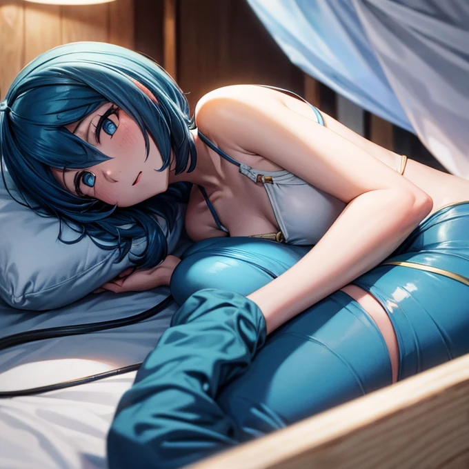 A sleeping girl 1.60 meters of navy blue hair, tight blue pajamas and very large breasts and thighs