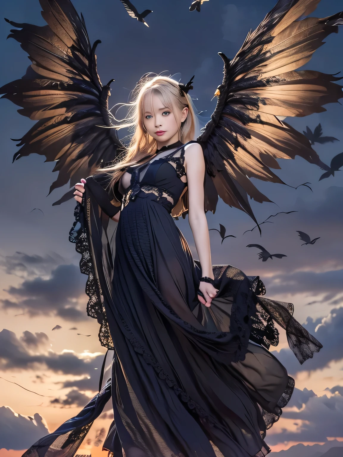 8k, original photo, realistic, (detailed skin, best quality: 1.2), The Fascinating Succubus, (Black Wings), Japanese teenage girl with black angel wings flying high in the evening sky, ((All nude)), (((flat chest: 1.4))), (bright blonde hair, long straight hair), (Neat face, pale skin), full body shot, A translucent black cloth covers the body........, thighs, sunset sky high, sunset light, About looking straight ahead