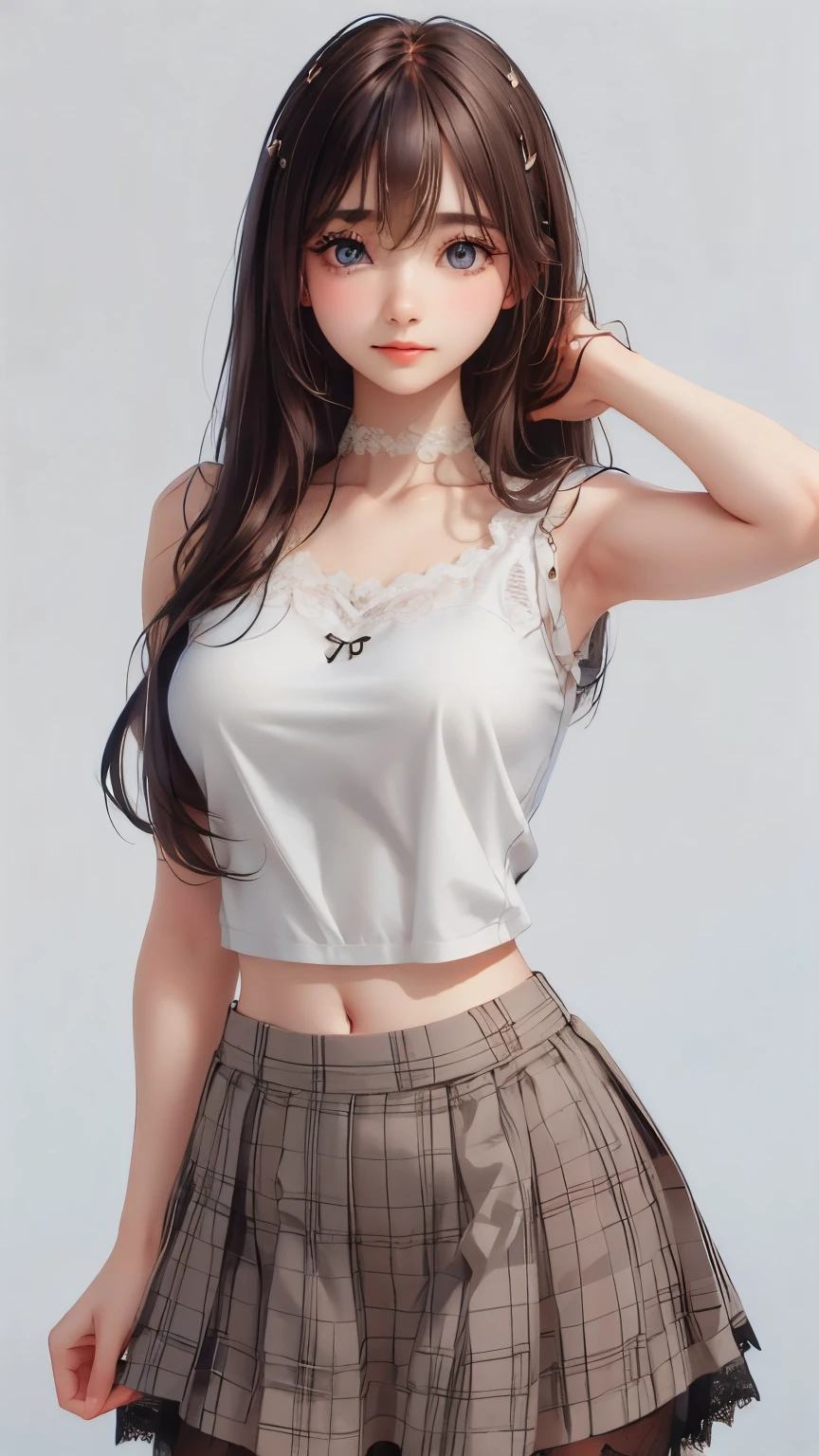 ((sfw: 1.4)),((detailed face, professional photography)), ((sfw, lace queen, grid girl, skirt, sleeveless, 1 Girl)), Ultra High Resolution, (Realistic: 1.4), RAW Photo, Best Quality, (Photorealistic Stick), Focus, Soft Light, (( (young face))), (surface), (depth of field), masterpiece, (realistic), woman, bangs, ((1 girl))