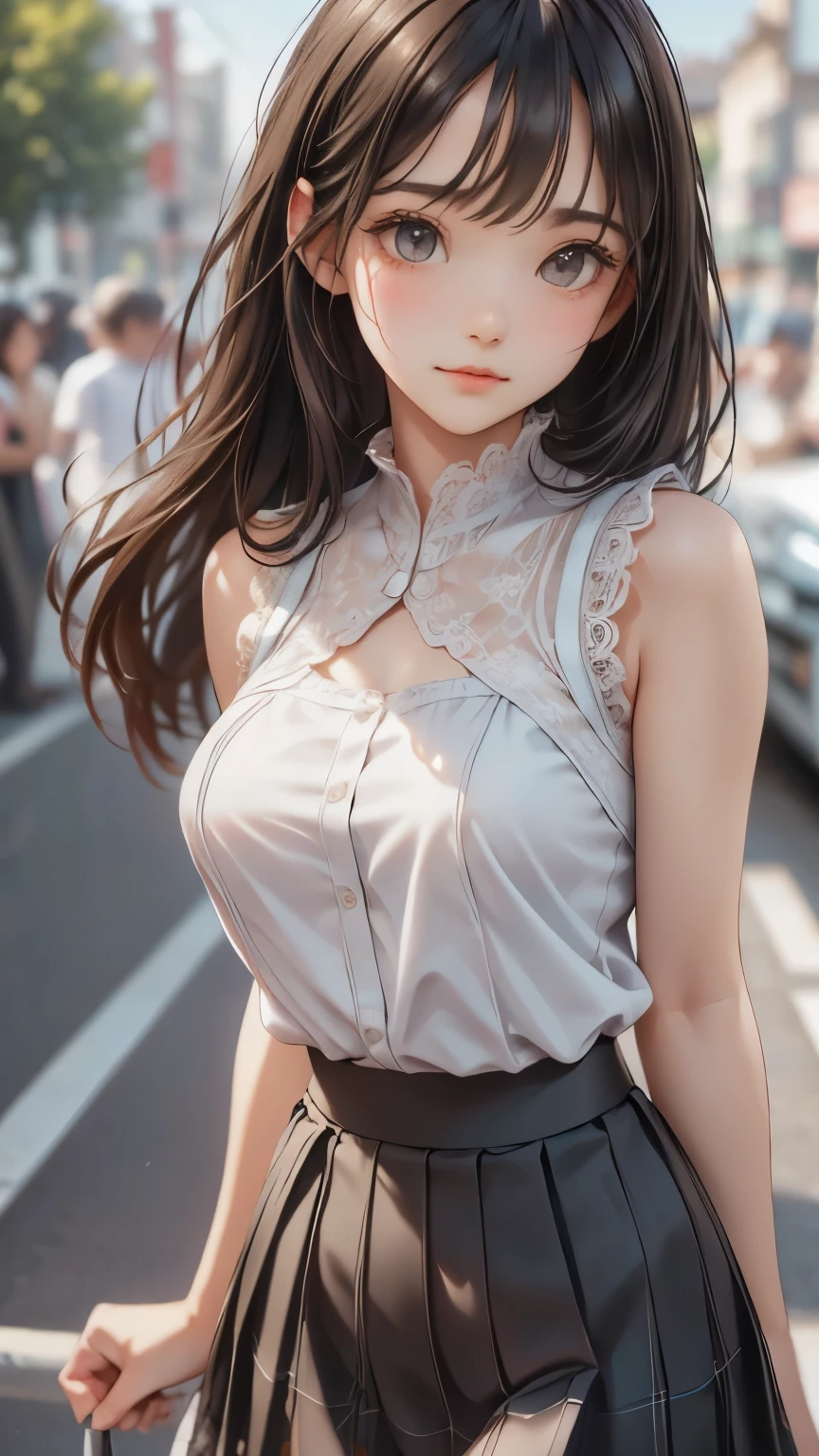 ((sfw: 1.4)),((detailed face, professional photography)), ((sfw, lace queen, grid girl, skirt, sleeveless, 1 Girl)), Ultra High Resolution, (Realistic: 1.4), RAW Photo, Best Quality, (Photorealistic Stick), Focus, Soft Light,  (( (young face))), (surface), (depth of field), masterpiece, (realistic), woman, bangs, ((1 girl))