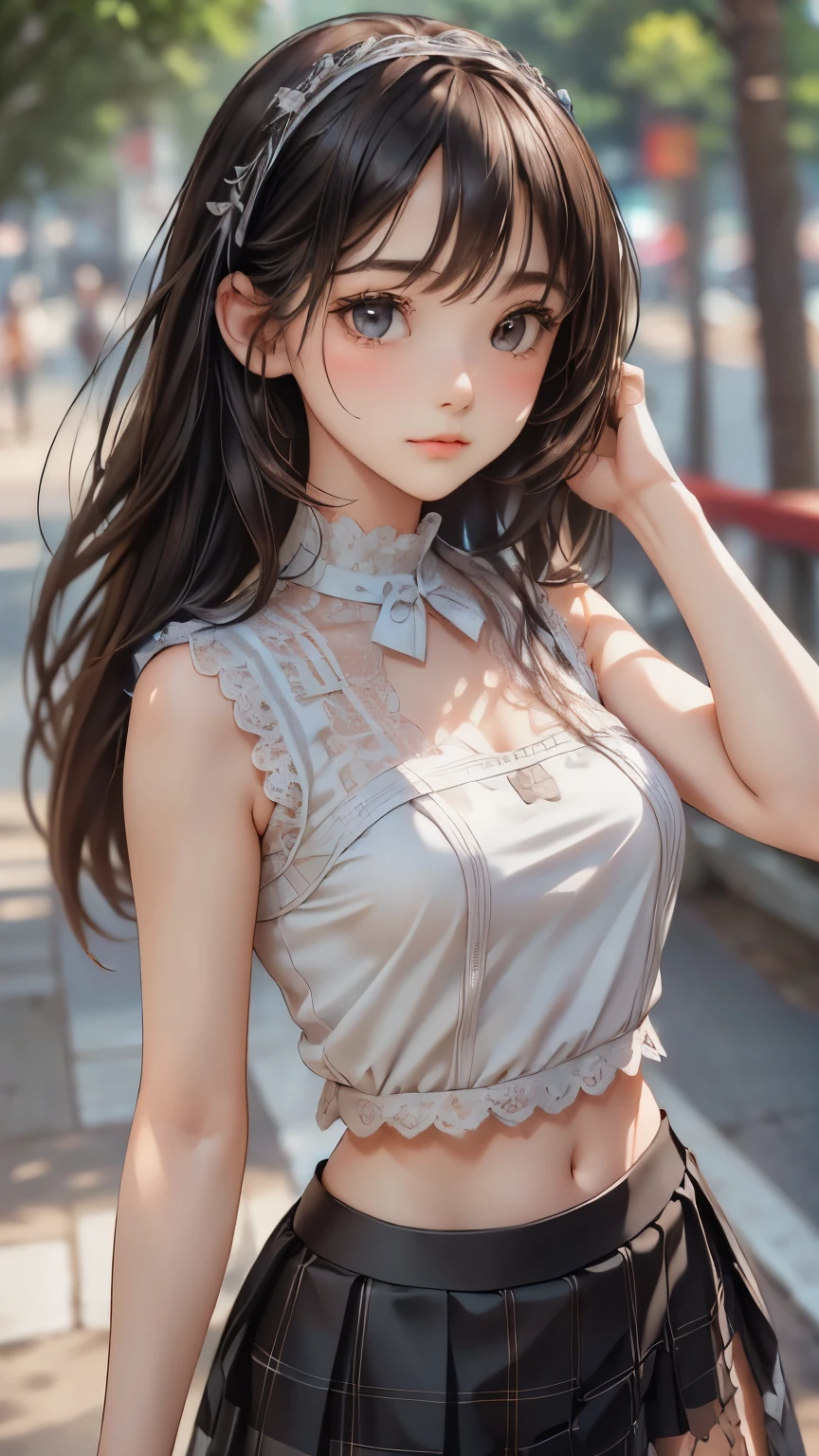 ((sfw: 1.4)),((detailed face, professional photography)), ((sfw, lace queen, grid girl, skirt, sleeveless, 1 Girl)), Ultra High Resolution, (Realistic: 1.4), RAW Photo, Best Quality, (Photorealistic Stick), Focus, Soft Light,  (( (young face))), (surface), (depth of field), masterpiece, (realistic), woman, bangs, ((1 girl))