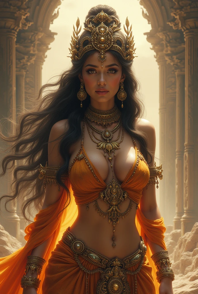 (best quality,4k,8k,highres,masterpiece:1.2),ultra-detailed,(realistic,photorealistic,photo-realistic:1.37),beautiful Hindu goddess,gorgeous detailed face,extremely detailed eyes and face,longeyelashes,beautiful detailed breasts,milk flowing from breasts,intricate ornate jewelry,detailed traditional clothing,ornate temple setting,dramatic lighting,vivid colors,cinematic composition