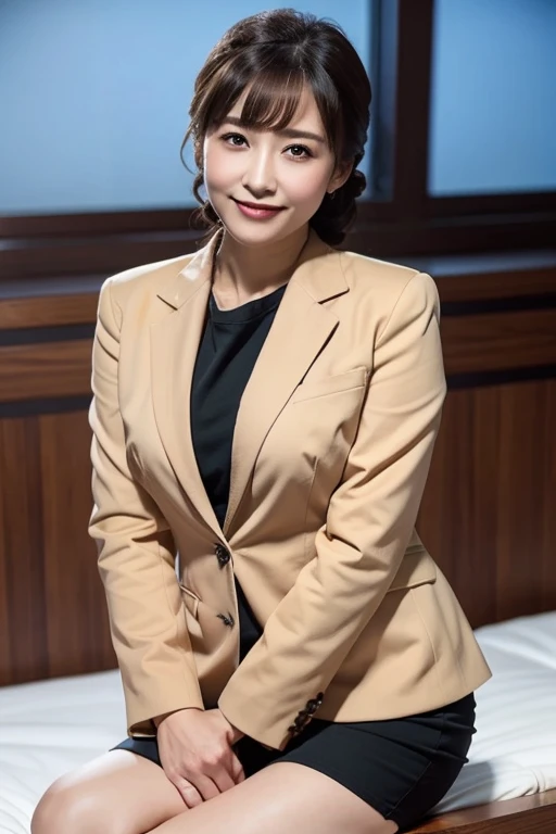 One mature woman, business suit, cotton tight skirt, beautiful thighs with skin tone, beautiful calves with skin tone, shot from the knee up, smile, bangs, updo, beautiful eyes with details, beautiful face with details, masterpiece, 4K high resolution,