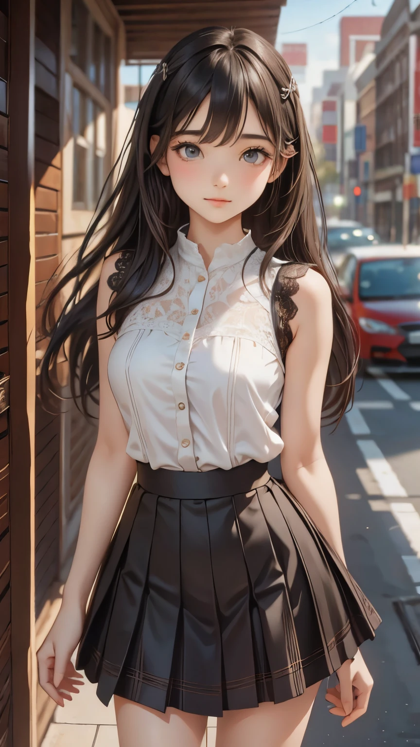 ((sfw: 1.4)),((detailed face, professional photography)), ((sfw, lace queen, grid girl, skirt, sleeveless, 1 Girl)), Ultra High Resolution, (Realistic: 1.4), RAW Photo, Best Quality, (Photorealistic Stick), Focus, Soft Light,  (( (young face))), (surface), (depth of field), masterpiece, (realistic), woman, bangs, ((1 girl))