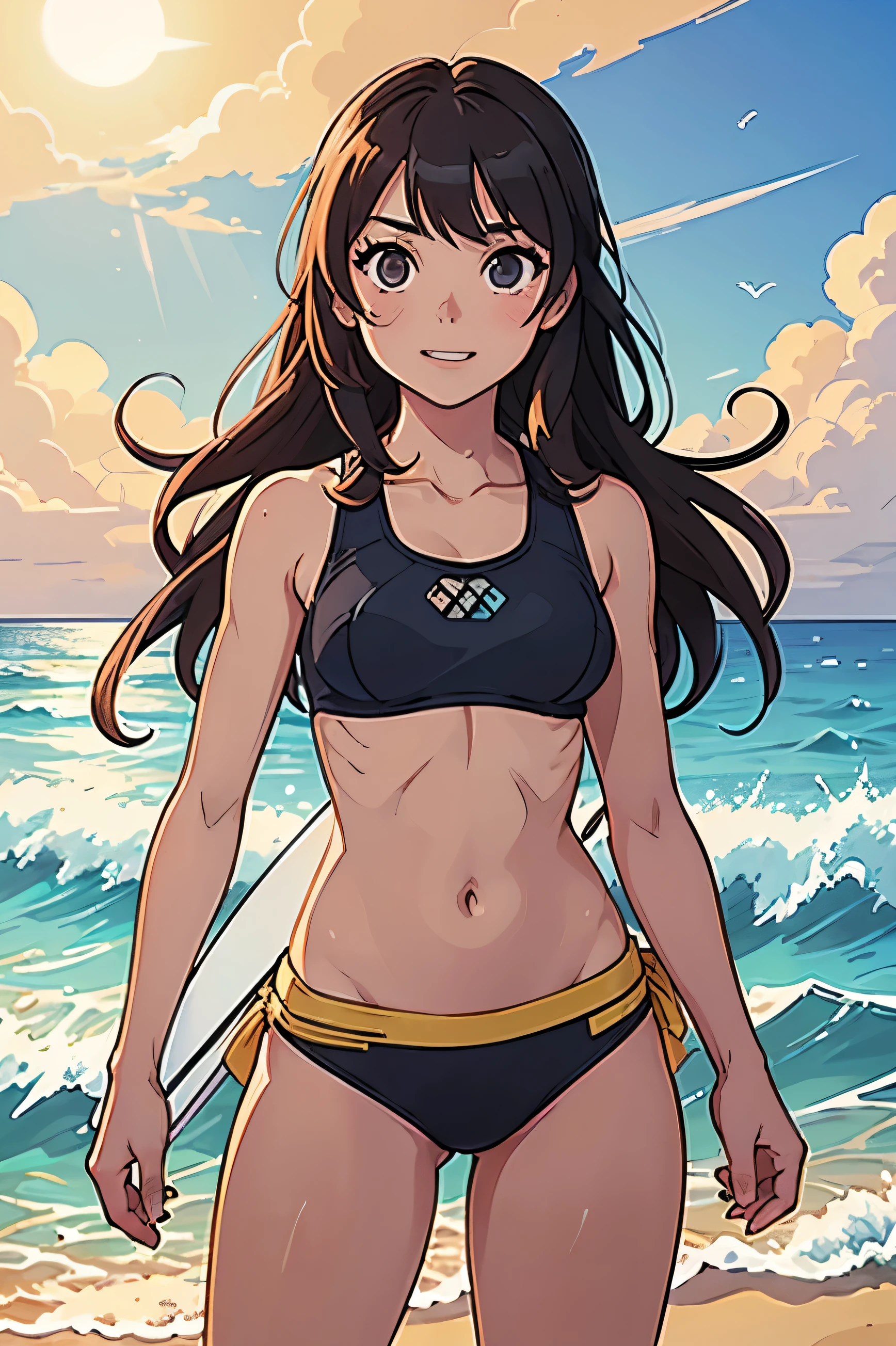 NSFW　(４ｋquality, 最高quality, Takagi１, Brown eyes, length_hair, Ultra-small_chest,）A vivid face　Blue Bikini　　１６Year　Sexy pose　Fascinating　　Beautiful Abs　　綺麗なOcean岸　Ocean