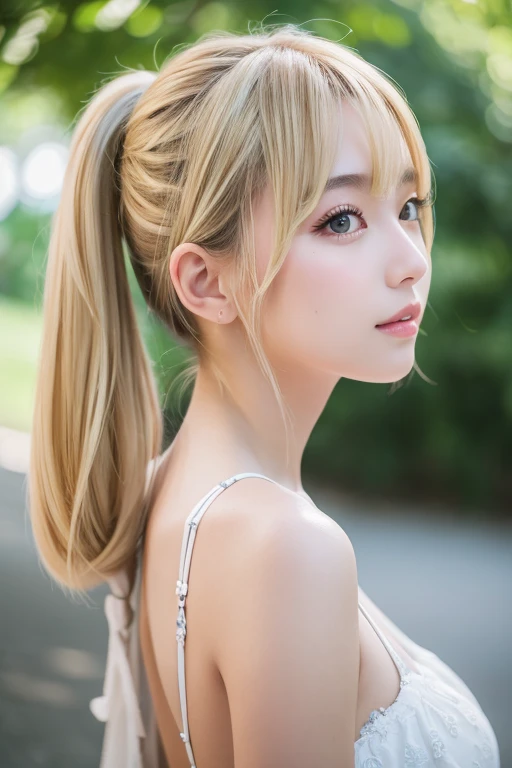A closeup of a woman blonde_hair, blue eyes, twintails, very_long_hair, hair_ornament red, hair_scrunchie red, big_breasts, in a basic brown top posing for a photo, perfect body, beautiful young woman, beautiful model young, very beautiful young woman, a beautiful young woman, beautiful young girl, attractive girl, 18