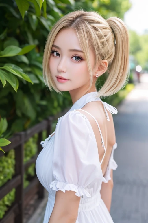 top-quality、masterpiece、超A high resolution、(Photorealsitic:1.4)、1girl in、Shoulder、enticing、looking in camera、smil,white hair、Colossal tits、Healthy skin、Delicate skin、