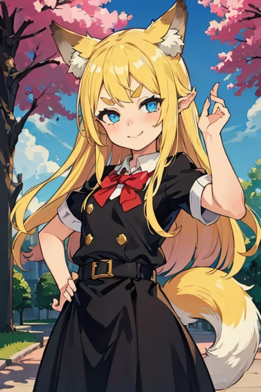 Young girl with blonde hair, very long hair, (blue eyes), ((small bushy eyebrows)), (raised wolf ears), fluffy fox tail, wearing gothic ****ta clothing, ****con, going to school, dull eyes, dull face, going to school, flirtatious smile, small perky breasts, in a park, wide hips, ready to have sex