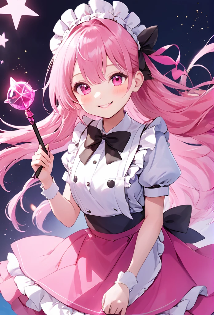 ((masterpiece、Best Quality))woman、cute、Young、Idol、Pink Skirt、Light pink hair、Half-twin with long hair、Bright pink eyes、Pink ribbon、smile、Red cheeks、Maid uniform、Magic wand