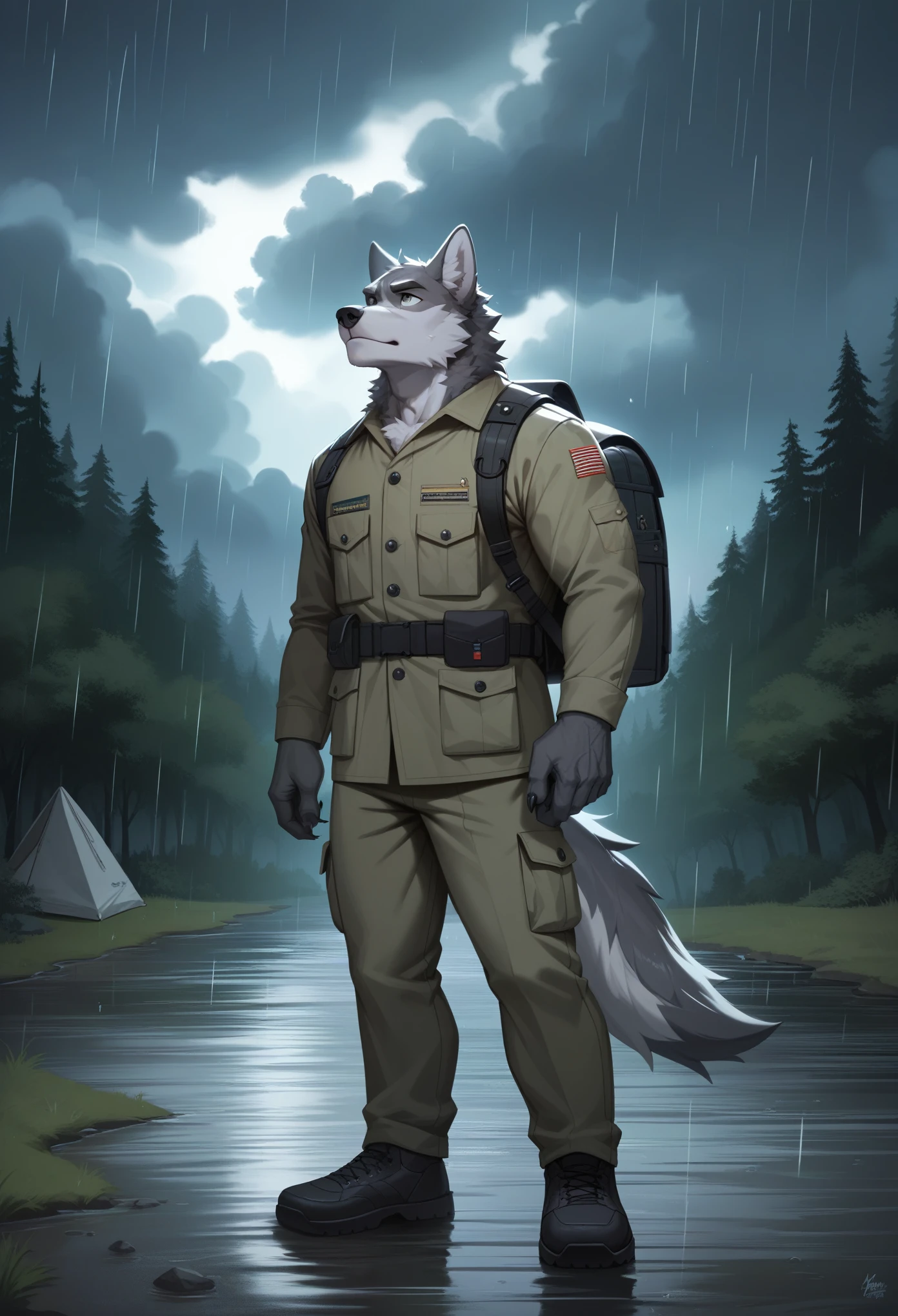 masterpiece, extremely detailed, high res, detailed, best quality, best aesthetics, absurd res, perfect anatomy, perfect proportions, high resolution, good color, bright skin, good shading, countershading, well detailed background, male, wolf furry, male Gray wolf, handsome, male focus, veins muscular, half body, shaded, attractive, Muscular, look from beside, fluffy, military outfits, at the hill, outside military camp, looking up seeing dark sky, storm cloud, raining, wet clothes, confidence face, two-tone fur, military backpack, full body.