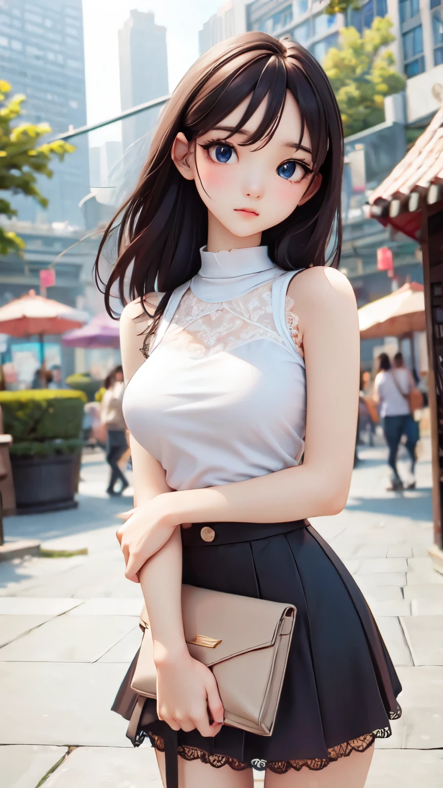 ((sfw: 1.4)),((detailed face, professional photography)), ((sfw, lace queen, grid girl, skirt, sleeveless, 1 Girl)), Ultra High Resolution, (Realistic: 1.4), RAW Photo, Best Quality, (Photorealistic Stick), Focus, Soft Light,  (( (young face))), (surface), (depth of field), masterpiece, (realistic), woman, bangs, ((1 girl))