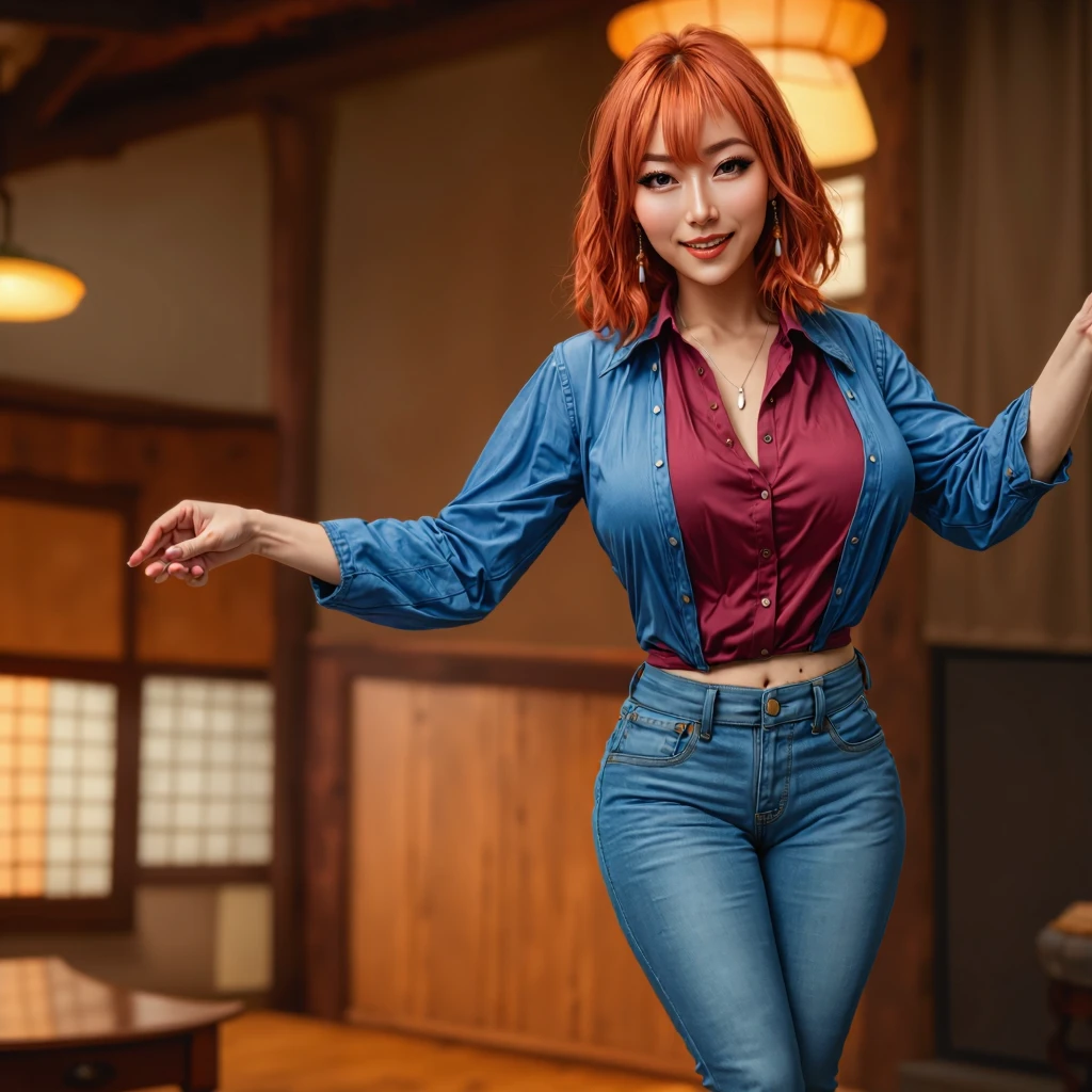(best quality,4k,8k,highres,masterpiece:1.2),ultra-detailed, 39 year old Japanese woman, gyaru, five foot five inches tall, ginger colored hair, mole by her left eye, blue button up blouse, maroon jeans, large swollen breasts, wide hips, dancing around mid-western suburban american house, seductive pose, smiling lustfully, looking at viewer lovingly, AIKA, seethru, HDR, 8k, absurdres, cinestill 800, sharp focus, add_detail:2