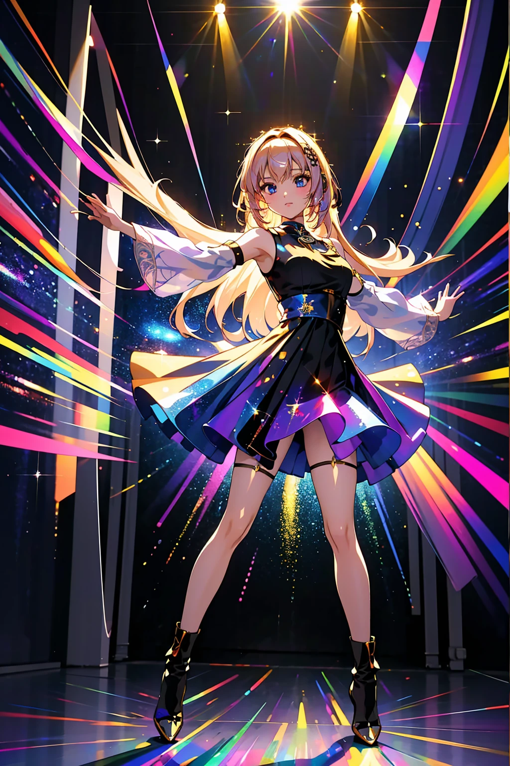 (masterpiece, best quality, highres:1.2), (intricate and beautiful:1.2), (detailed light:1.2), (colorful, dynamic angle), full body shot, fashion photography of cute, intense long hair, (Megurine Luka), dancing pose, flirting with POV, dynamic pose, soft moonlight passing through hair, stage lighting, (abstract colorful art background:1.3), (official art), (cinematic), lens flare, DOF, glitter effect