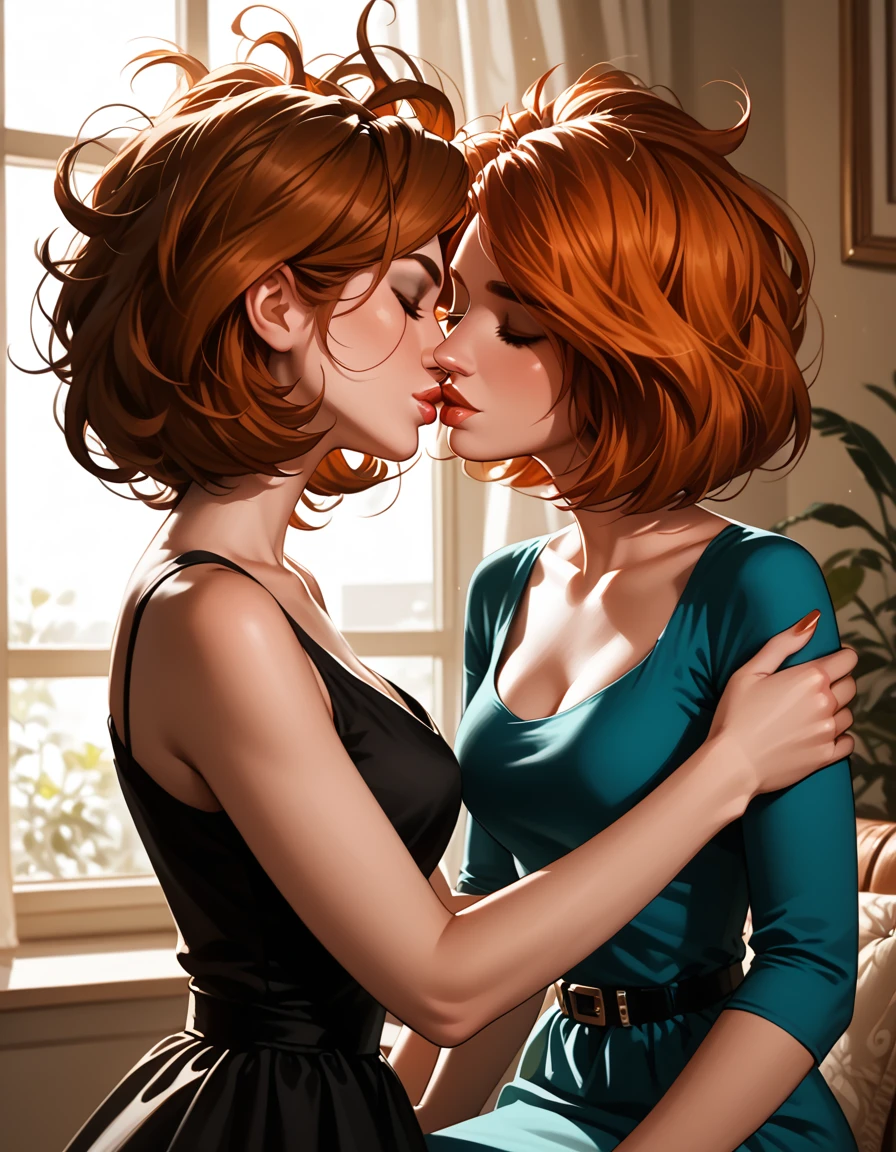 score_9, score_8_up, score_7_up, rating_questionable, epiCPhoto, 2girls, duo, couple, yuri, very sexy (Aunt Cass, brown hair, messy hair, short hair, wearing a black_dress:1.5), and (annpossible, orange-red hair, short hair, wearing a teal_dress:1.4), (focus on lips, after the kiss, lips close together:1.3), upright straddling, beautiful, graceful, elegant, beautiful scene, soft romantic lighting, in love, loving look on their faces, flirt, gaze, sexy look, eyes closed, head tilt, filled lips, thick lips, makeup, dark, moody, (dimly lit:1.4), highly detailed, sexy scene, absurdres, 4k, masterpiece, best quality, perfect hands, cowboy shot.