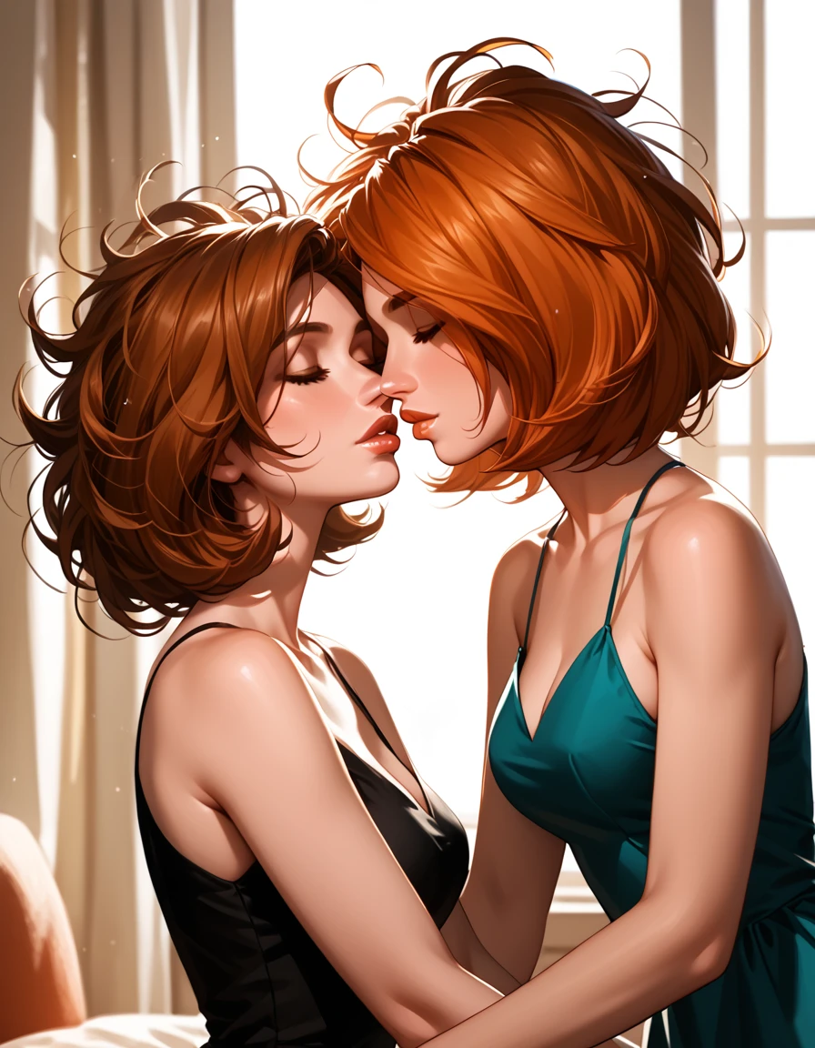 score_9, score_8_up, score_7_up, rating_questionable, epiCPhoto, 2girls, duo, couple, yuri, very sexy (Aunt Cass, brown hair, messy hair, short hair, wearing a black_dress:1.5), and (annpossible, orange-red hair, short hair, wearing a teal_dress:1.4), (focus on lips, after the kiss, lips close together:1.3), upright straddling, beautiful, graceful, elegant, beautiful scene, soft romantic lighting, in love, loving look on their faces, flirt, gaze, sexy look, eyes closed, head tilt, filled lips, thick lips, makeup, dark, moody, (dimly lit:1.4), highly detailed, sexy scene, absurdres, 4k, masterpiece, best quality, perfect hands, cowboy shot.