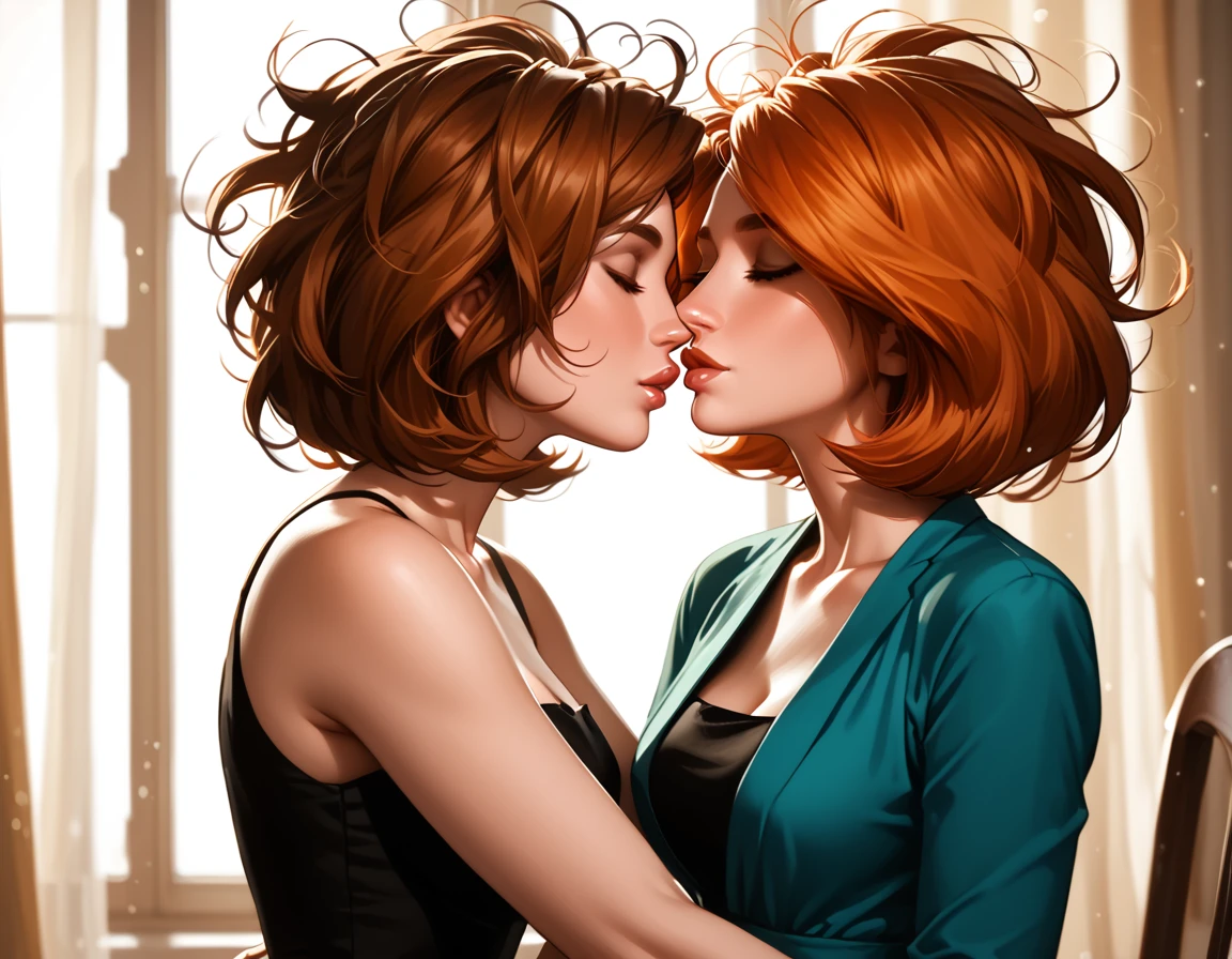 score_9, score_8_up, score_7_up, rating_questionable, epiCPhoto, 2girls, duo, couple, yuri, very sexy (Aunt Cass, brown hair, messy hair, short hair, wearing a black_dress:1.5), and (annpossible, orange-red hair, short hair, wearing a teal_dress:1.4), (focus on lips, after the kiss, lips close together:1.3), upright straddling, beautiful, graceful, elegant, beautiful scene, soft romantic lighting, in love, loving look on their faces, flirt, gaze, sexy look, eyes closed, head tilt, filled lips, thick lips, makeup, dark, moody, (dimly lit:1.4), highly detailed, sexy scene, absurdres, 4k, masterpiece, best quality, perfect hands, cowboy shot.