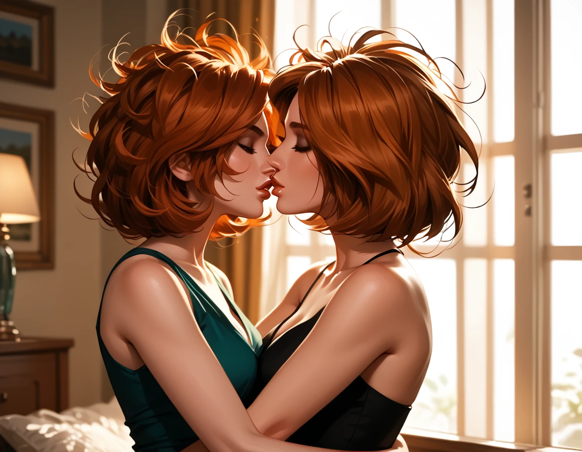 score_9, score_8_up, score_7_up, rating_questionable, epiCPhoto, 2girls, duo, couple, yuri, very sexy (Aunt Cass, brown hair, messy hair, short hair, wearing a black_dress:1.5), and (annpossible, orange-red hair, short hair, wearing a teal_dress:1.4), (focus on lips, after the kiss, lips close together:1.3), upright straddling, beautiful, graceful, elegant, beautiful scene, soft romantic lighting, in love, loving look on their faces, flirt, gaze, sexy look, eyes closed, head tilt, filled lips, thick lips, makeup, dark, moody, (dimly lit:1.4), highly detailed, sexy scene, absurdres, 4k, masterpiece, best quality, perfect hands, cowboy shot.