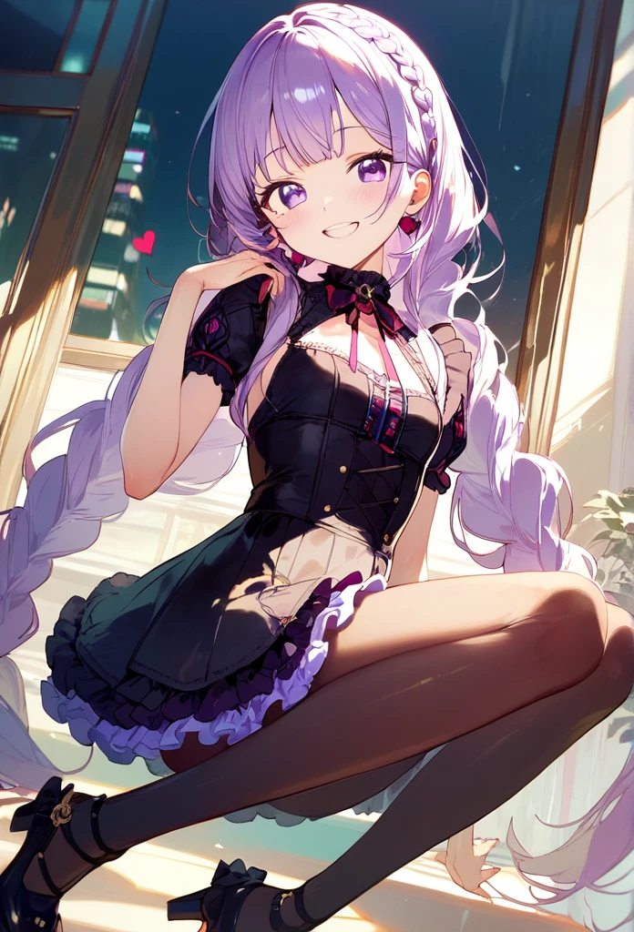 ((masterpiece, Best Quality)), cute、Young、Young Face、Light purple hair, Small breasts、Purple eyes,Very long braided half twins,Heart braid、smile,Double teeth,Red cheeks、smile、Vocaloid、Idol、Idol Costumes、Purple frilly skirt、Purple Goth Outfit、Black high heels、tights