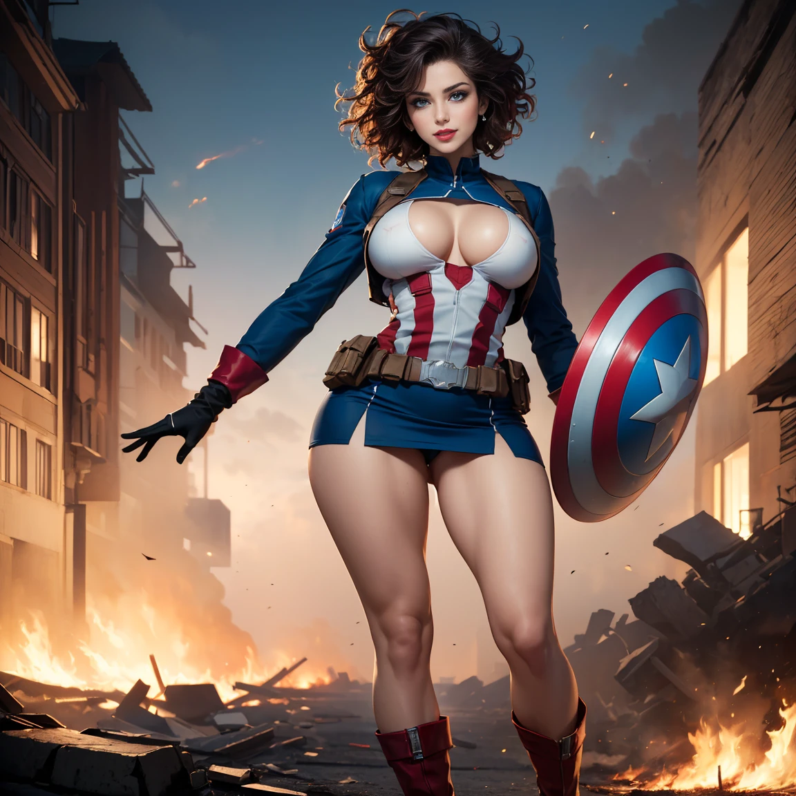 (1girl:1.3), solo, __body-parts__, official art, unified wallpaper 8k, super detailed, beautiful and aesthetic, beautiful, masterpiece, best quality, raw, masterpiece, super beautiful photo, best quality, super high resolution, photorealistic realism, sunlight, full-length portrait, amazing beauty, dynamic pose, delicate face, bright eyes, ((rear view)), she wears a futuristic Captain America costume, blue color scheme, (holding a shield), Capital A on the chest, very detailed abandoned warehouse background, detailed face, detailed complex busy background, dirty, gorgeous, milky white, very detailed skin, realistic skin details, visible pores, sharp focus, volumetric mist, 8k uhd, SLR camera, high quality, film grain, light leather, photorealism, lomography, huge metropolis in a future dystopia, bottom view, translucent