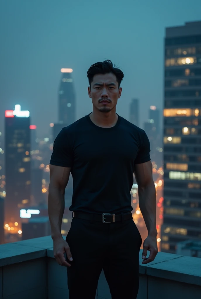 A man, strong, looking at forward, hero, in the night city, vibrant color, high definition, high quality