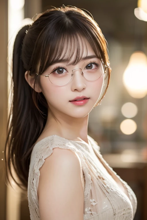 (1 Girl)、(Beautiful Japanese、24years old,round face、Refreshing、clear、seems kind、stylish、Pitiful、cute like an angel、cute、black eyes、,actress,Almond-shaped eyes,Translucent white skin、Beautiful skin), Good style , (Beautiful big breasts:1.2),(soft breasts),(very cute),{(Broun hair),(updo),(Bangs is deep side part),(tendrils)},(enchanting eyes),(highlight on eyes:1.2)、(Silver-rimmed glasses),(glasses),(8K、Live shooting、highest quality、masterpiece:1.2、optimal lighting)、((masterpiece)),(Photo taken by a professional photographer),(real、photo real:1.4),break,{ (White Sexy Dress)},(cleavage:1.2)},( shy:1.4 ),(tears:1.3),(cheeks are red:1.2), break, break,Old hospital,Face shot:1.3、looking at viewer, face close-up,Looking up、sitting、Feeling embarrassed、Tears flowing,tearful,(closed eyes)、Embarrassed face