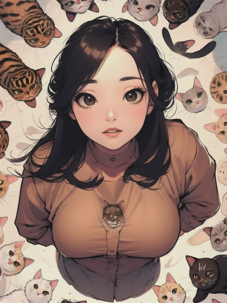 (masterpiece, Best Quality), One girl,    Surrounded by cats,