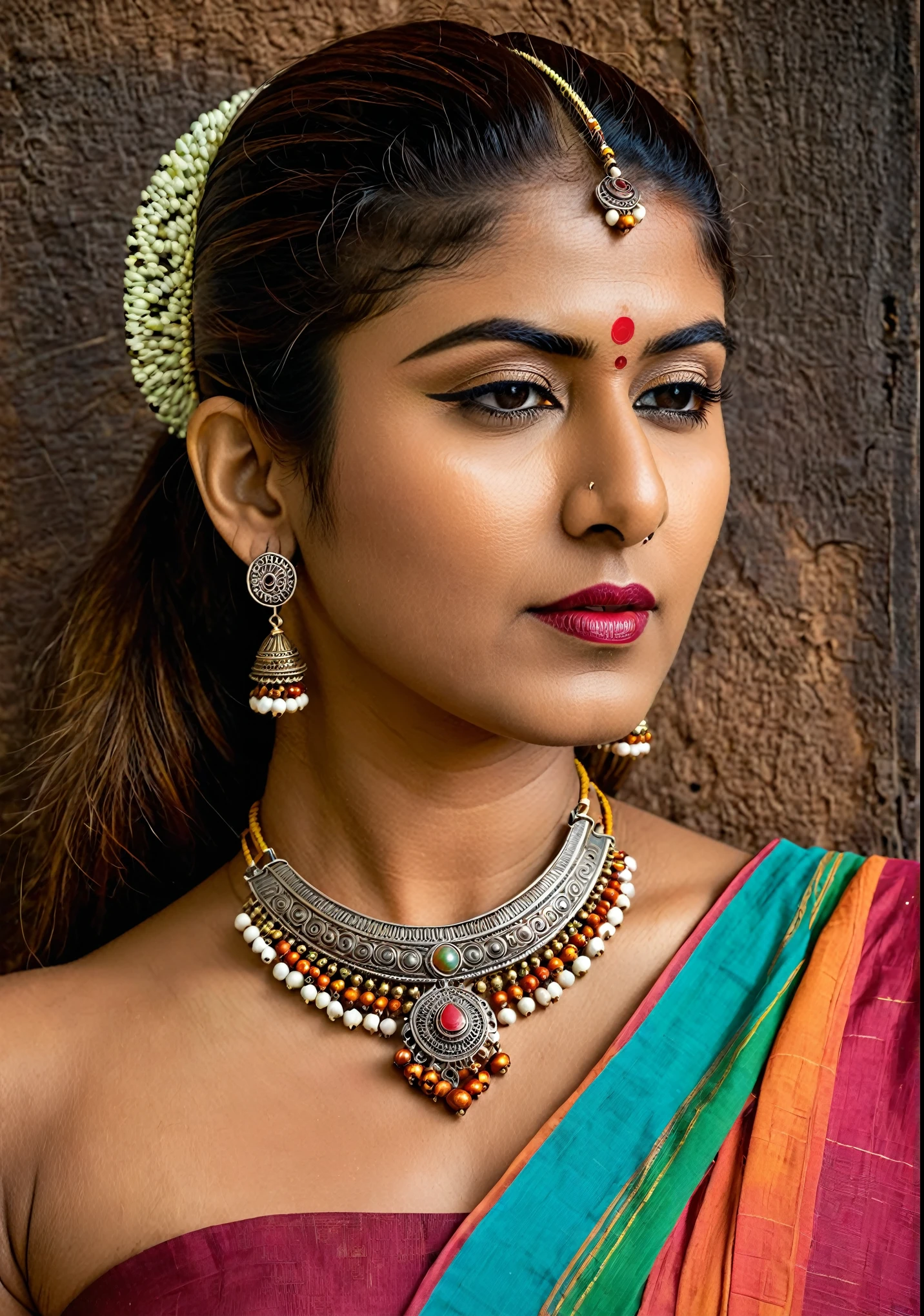 Looks like Nayanthara, aesthetic Portrait shoot for Indian ethnic jewellery brand, tribal theme photoshoot, jewellery inspired by The Lambani artisans from Karnataka create a multicoloured brass neckpiece with a metal band containing metallic ornaments. Inspired by traditional Lambani tribal jewelry, the jewelry features motifs and colors inspired by copper, white metal, and silver. The artisans create pendants and cotton beads using hand thread work, oxidizing or coating them for a final look. The jewelry is a raw and rustic aesthetic, showcasing the artisans' skill and dedication to their craft.