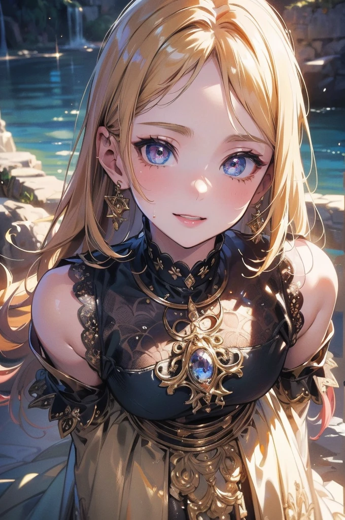 ((best quality)), ((masterpiece)), (detailed), (4k), (8K), 1girl, beautiful woman, beautiful face, glowing skin and face, wet hair, make-up, aesthetic hands, aesthetically large eyes, smiling, dress detailed, posing, beautiful landscape, full body view. (highly detailed textures), (highly detailed clothes), (highly detailed cute face). Artistic anime style.