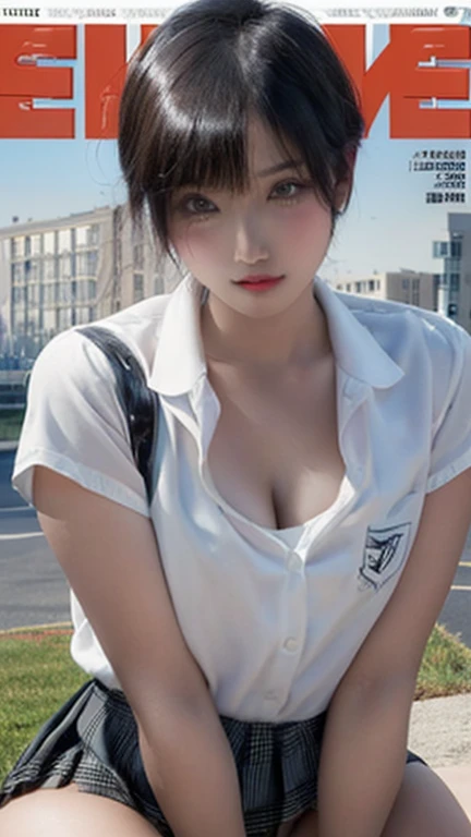 1girl, (uniform), sits with her legs pressed to her chest, detailed night view ofMetropolitan city at the background, detailed face, detailed eyes, brunette, big breasts, smooth realistic skin, semi-curvy body, white shirt, grey blue hot miniskirt , looking at the audience, Full body shot, camera from above, overhead view, (8k, RAW photo, best quality, masterpiece: 1.2), (realistic, realistic: 1.37), ultra-high resolution