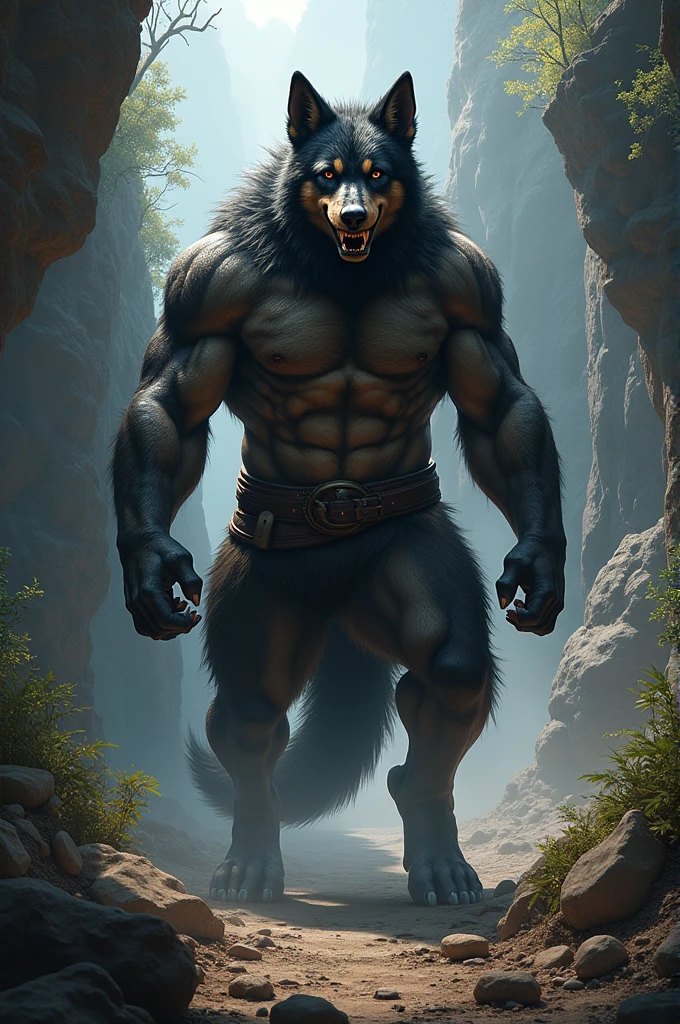 character design, 3d model, werewolf, Best quality, A high resolution, super realistic, realistic fur, character model, full length, naked, Genitals, penis sheath, Balls, beard, black fur, muscular, smiling