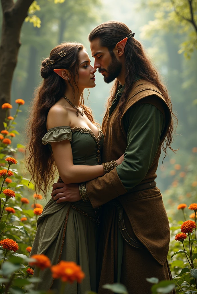 An elf kissing a barbarian man in a dark forest full of luminous flowers