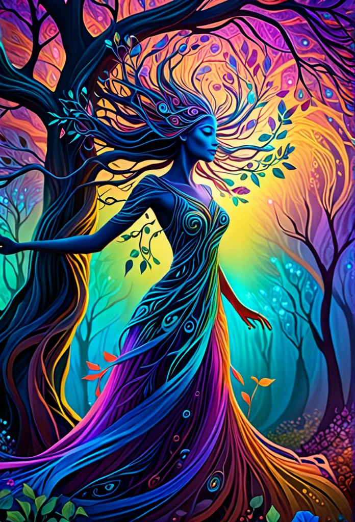 highres, psychedelic style female tree person, vibrant colors, glowing eyes, flowing branches, ethereal atmosphere, surreal landscape, intricate details, leaves and flowers dancing in the wind, magical aura, wisps of light and colors surrounding the tree person, dreamlike scenery, mystical and enchanting presence, otherworldly beauty, serene and peaceful expression, nature-inspired art, surrealistic elements, mythical and fantastical imagery.