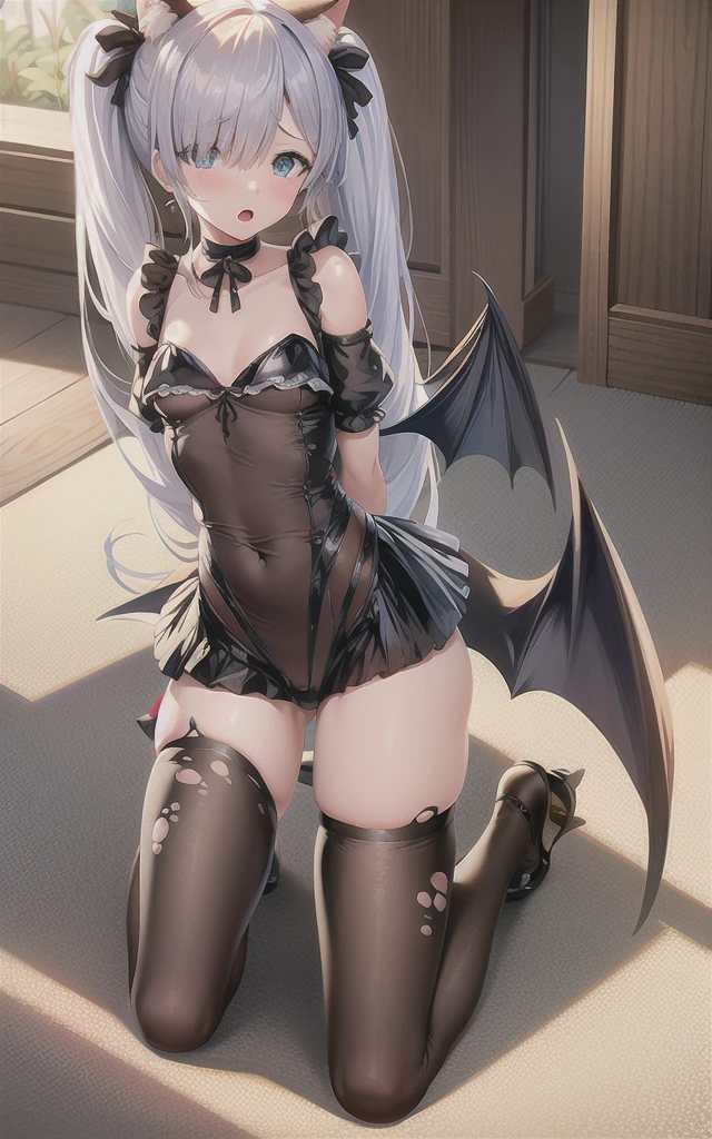 masterpiece,1girl,solo,cat ears,twintails, hair over one eye, demon_wings,small breasts, blue_eyes, blush,open mouth, low wings, torn legwear, (kneeling:1.3),bound arms, ((bondage)),shibari,rope,(arms behind back:1.4),indoors,