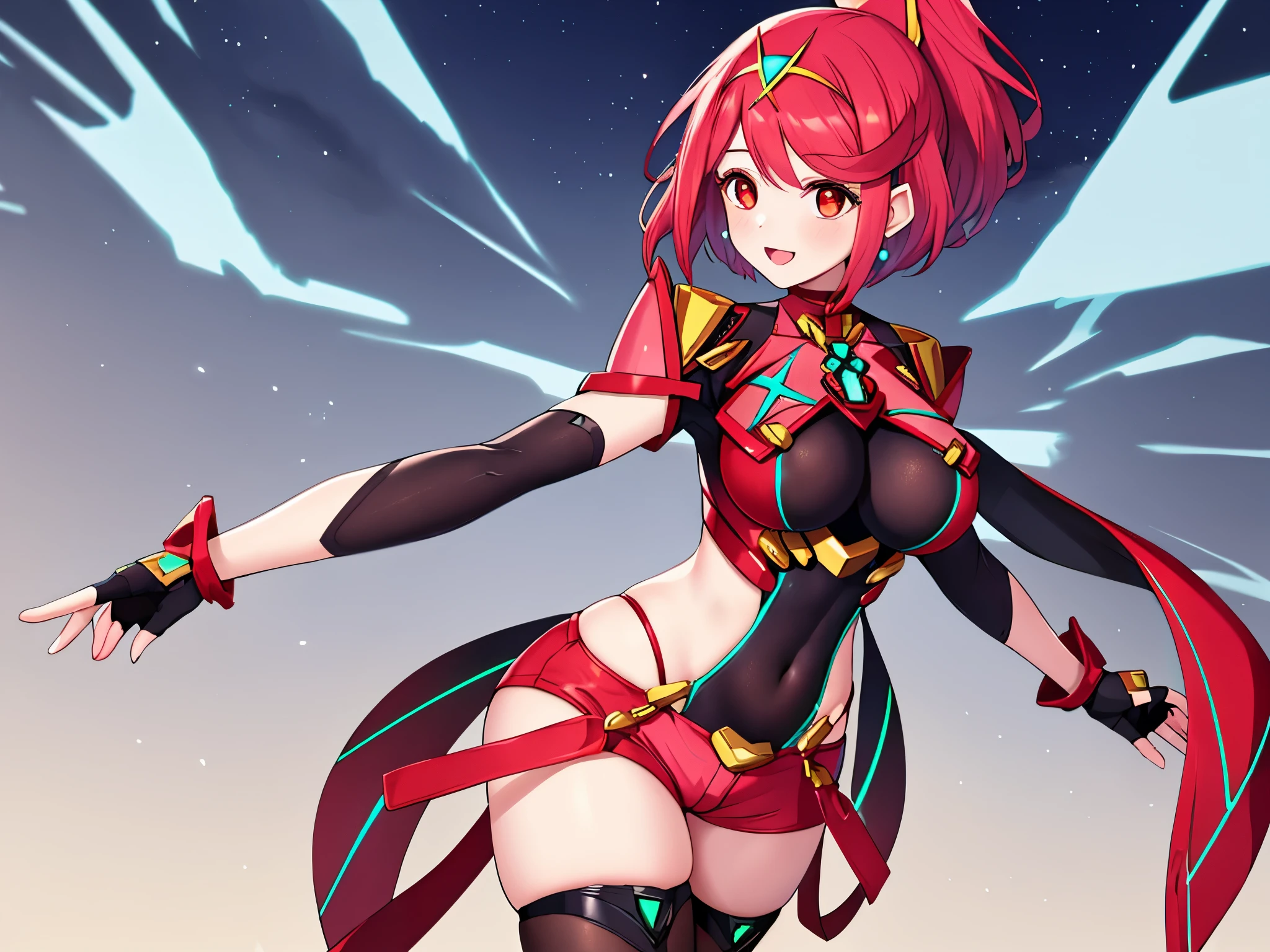 pyra \(xenoblade\), young__1girl, armor, bangs, black gloves, breasts, red eyes, closed mouth, earrings, eyelashes, fingerless gloves, floating hair, framed breasts, gem, gloves, hair ornament, headpiece, jewelry, large_breasts, leaning back, leotard, neon trim, official art, pose, red hair, red shorts, short hair, short shorts, short sleeves, shorts, sidelocks, skin tight, solo, standing, swept bangs, thighhighs, tiara, night_prairie_background, turtleneck, underbust, vambraces, xenoblade chronicles \(series\), (xenoblade chronicles 2), apart_legs, fire_effects,dynamic_pose,light_smile, (plump:1.1), large_thighs, solo, open_mouth,open_arms,want_hug,arms_forward,ponytail