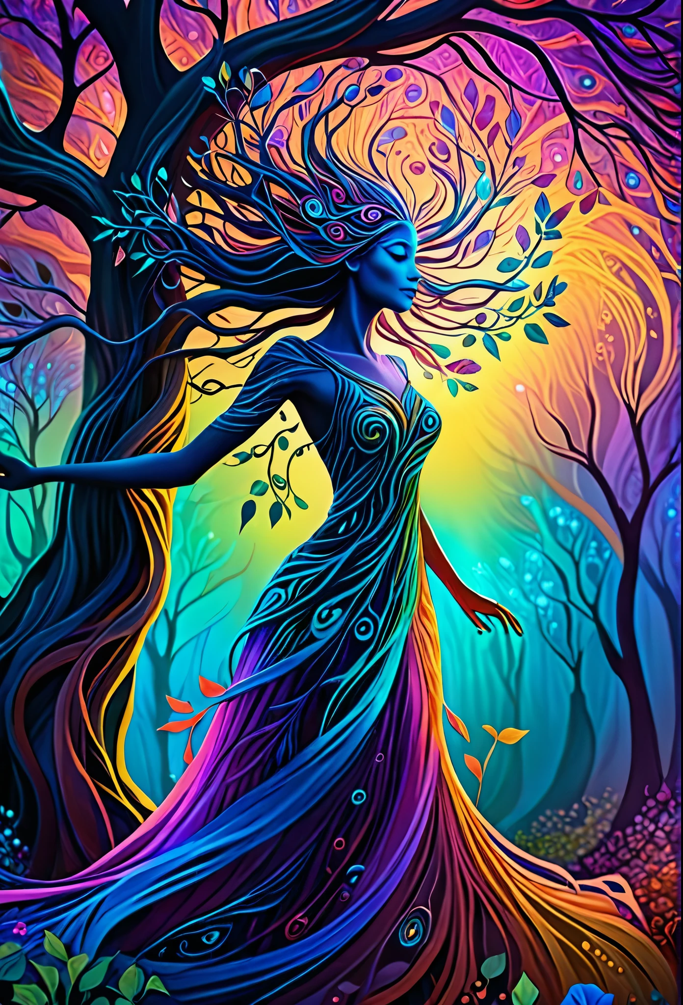 highres, psychedelic style female tree person, vibrant colors, glowing eyes, flowing branches, ethereal atmosphere, surreal landscape, intricate details, leaves and flowers dancing in the wind, magical aura, wisps of light and colors surrounding the tree person, dreamlike scenery, mystical and enchanting presence, otherworldly beauty, serene and peaceful expression, nature-inspired art, surrealistic elements, mythical and fantastical imagery.