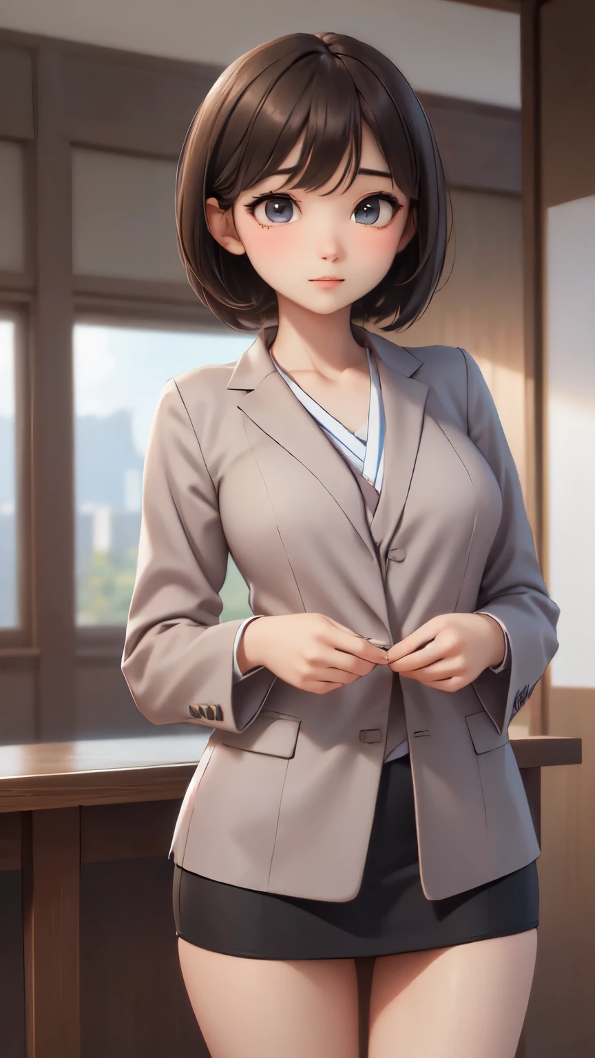 ((sfw: 1.4)), ((detailed face,  professional photography)), ((sfw, office lady, suit, extra short hair, sidelocks-hair, 1 Girl)), Ultra High Resolution, (Realistic: 1.4), RAW Photo, Best Quality, (Photorealistic Stick), Focus, Soft Light, (()), ((Japanese)), (( (young face))), (surface), (depth of field), masterpiece, (realistic), woman, bangs, ((1 girl))
