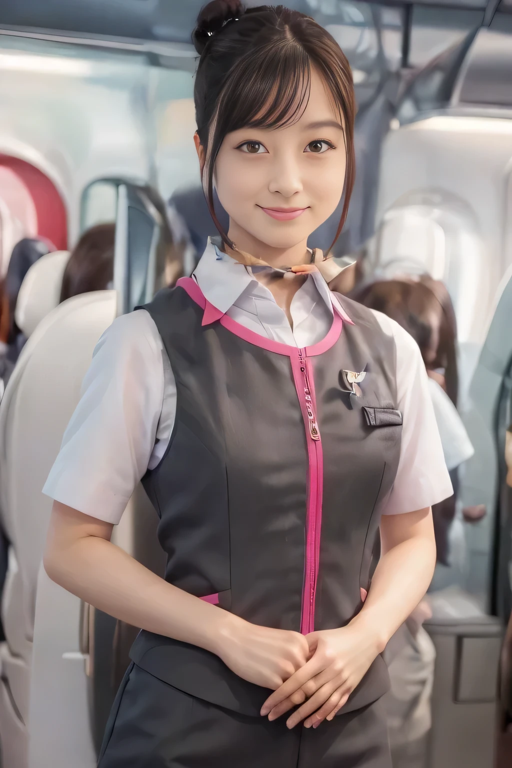 (masterpiece:1.2, Best Quality:1.2), 32kHDR, High resolution, (Alone、One Girl)、（Take the Shinkansen、Professional Lighting）、Car interior background、（Realistic style of JR Gran Class crew uniform）、Short sleeve blouse、Scarf around the neck、（JR Gran Class flight attendant uniform with pink parts on the skirt sleeves）、（The uniform of the flight attendants of JR Gran Class、The front zipper of the vest has a pink line..）、Dark Brown Hair、（Hair tied up、Hair Bun、Hair Bun）、Dark Brown Hair、Long Shot、Big Breasts、（（Great hands：2.0）），（（A harmonious body shape：1.5）），（（Normal limbs：2.0）），（（Normal finger：2.0）），（（Delicate eyes：2.0）），（（Normal eyes：2.0））)、Luxury Necklace、smile、Beautiful standing posture,